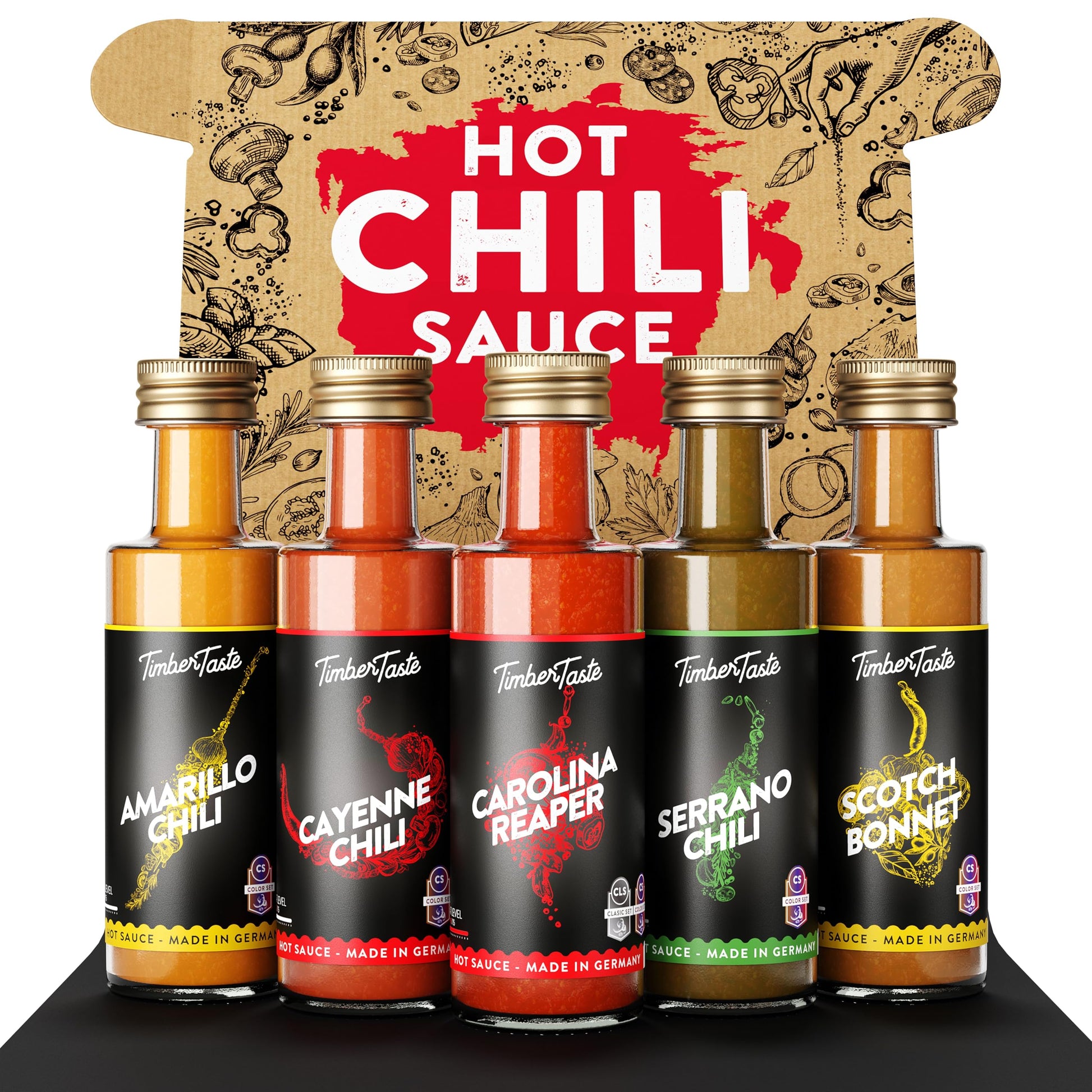 TIMBER TASTE Color Hot Sauce Gift Set [5x1.35 oz] Hot Sauce Variety Pack - Spicy Condiment Set for Heat Lovers in Mini Bottles -