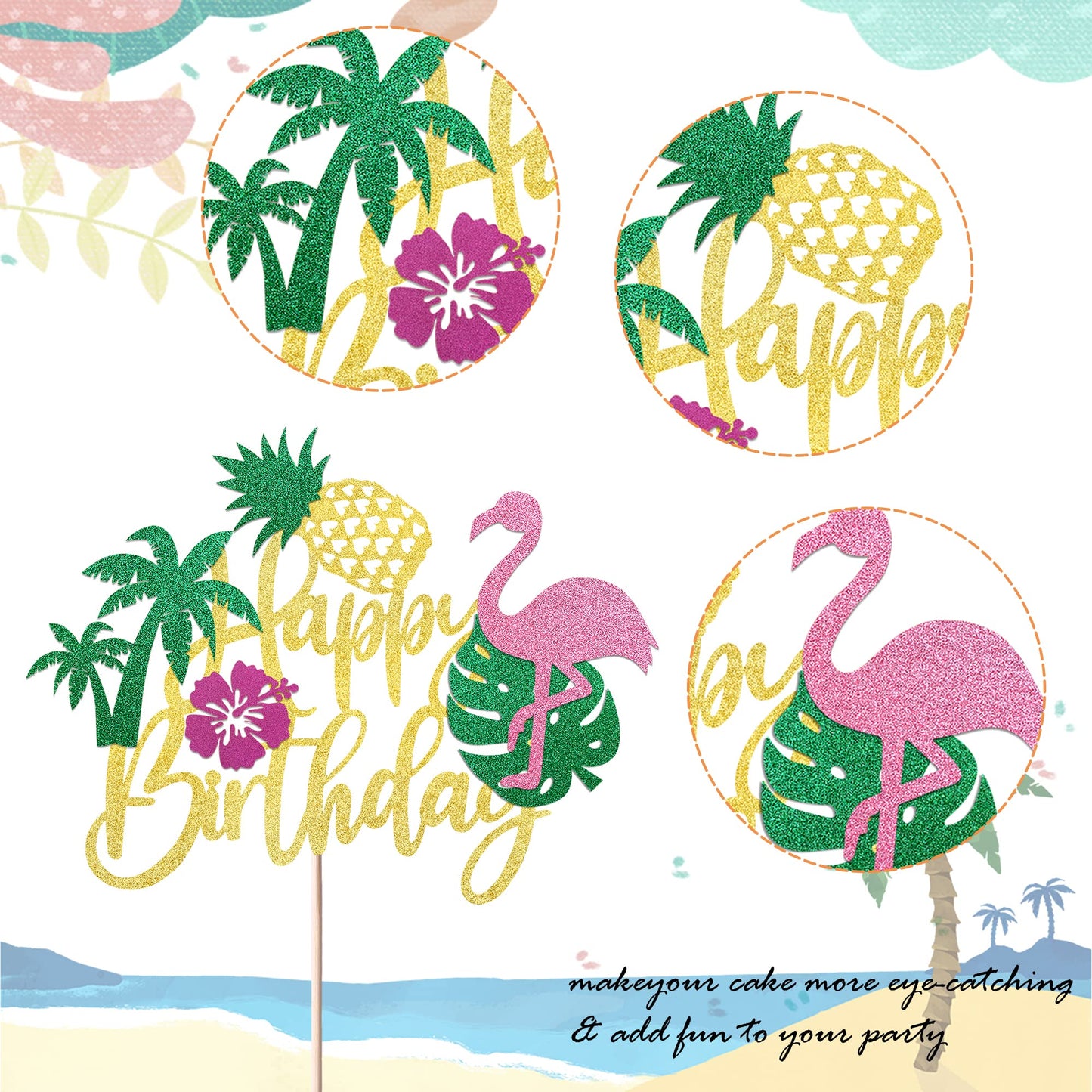 YCTHUNFISH Happy Birthday Cake Topper Tropical Hawaiian Luau Glitter Flamingo Pineapple Decoration, Bamboo, 6.3x9.6 inches