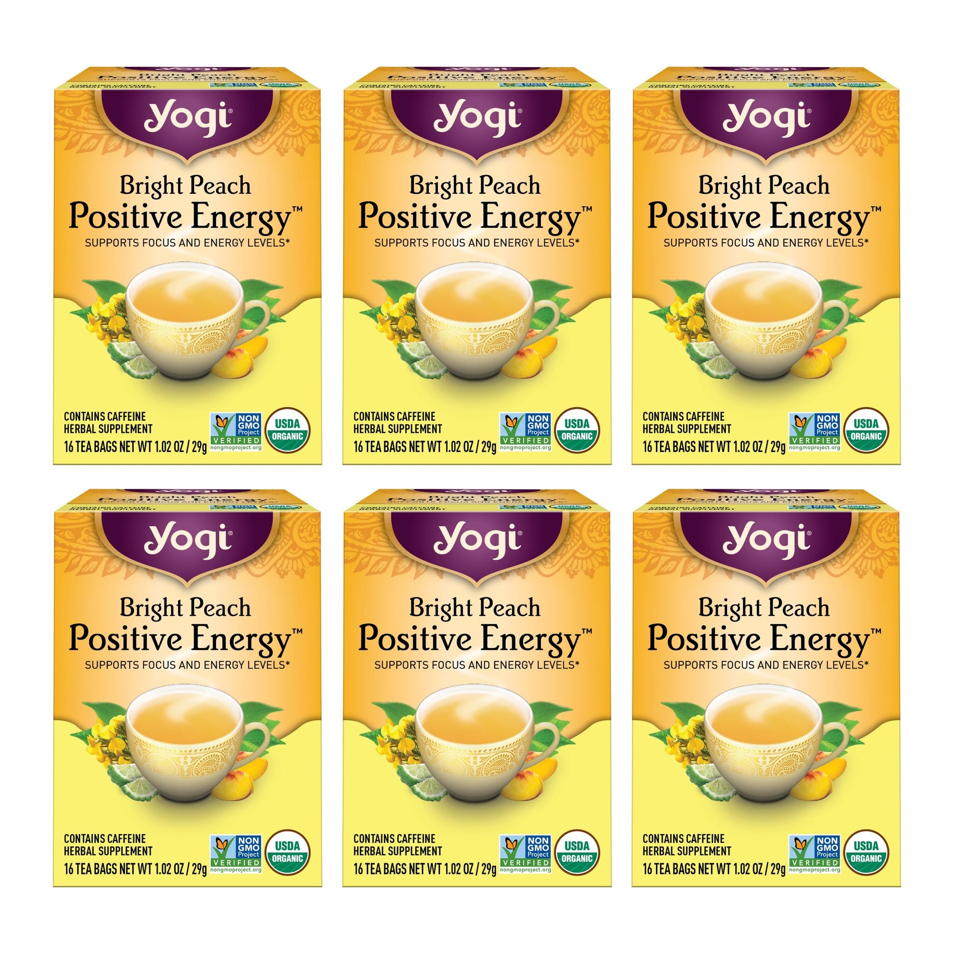 Yogi Tea Bright Peach Positive Energy Tea - 16 Tea Bags per Pack (6 Packs) - Organic Tea to Support Focus & Energy - Includes Oo