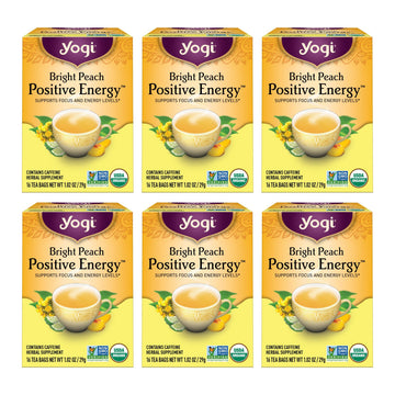 Yogi Tea Bright Peach Positive Energy Tea - 16 Tea Bags per Pack (6 Packs) - Organic Tea to Support Focus & Energy - Includes Oo