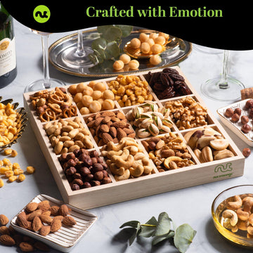 Nut Cravings Gourmet Nuts Gift Basket - 12 Assortments, Happy Holiday - Reusable Wooden Tray