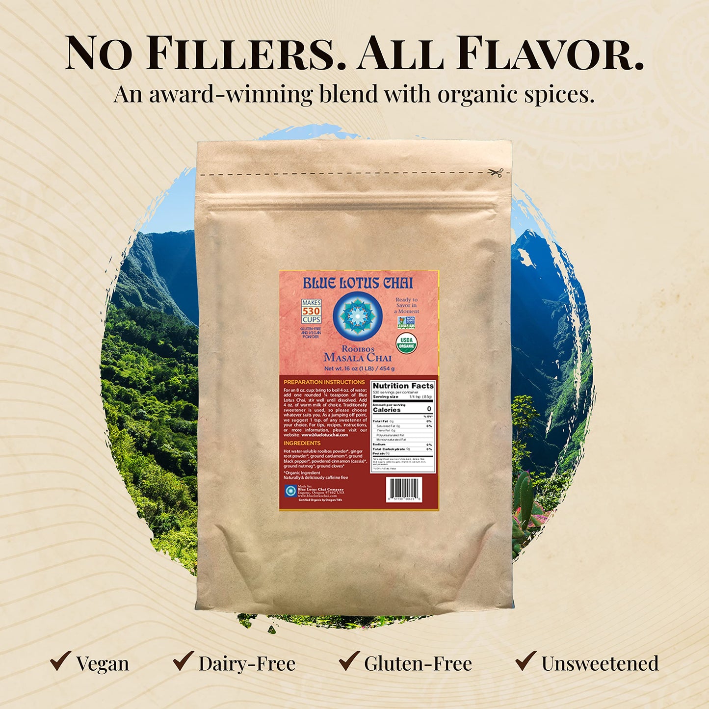 Blue Lotus Chai - Rooibos Masala Chai - Makes 530 Cups - 1 Pound Bulk Bag Masala Spiced Chai Powder With Organic Spices - Instan