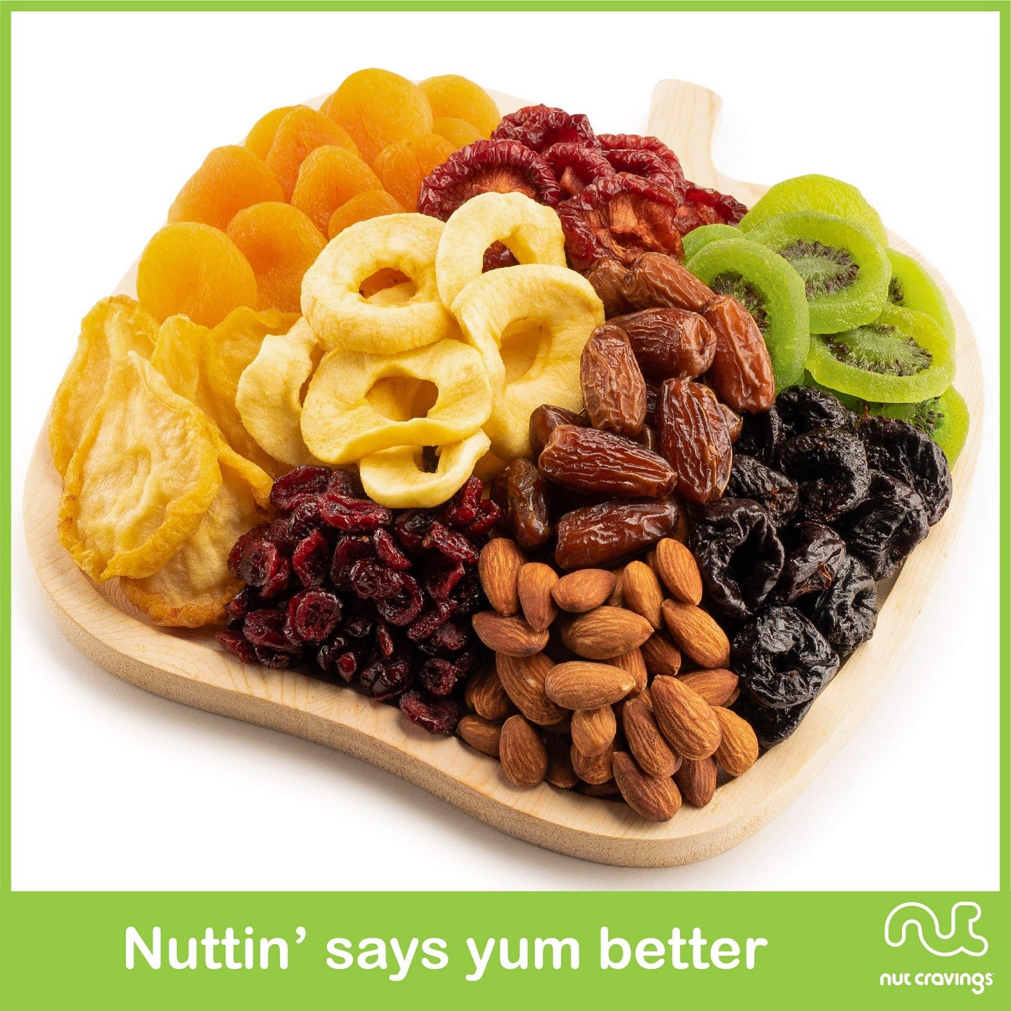 NUT CRAVINGS Gourmet Collection - Rosh Hashana & Shana Tova Dried Fruit & Mixed Nuts Gift Basket in Wooden Apple-Shaped Tray (9