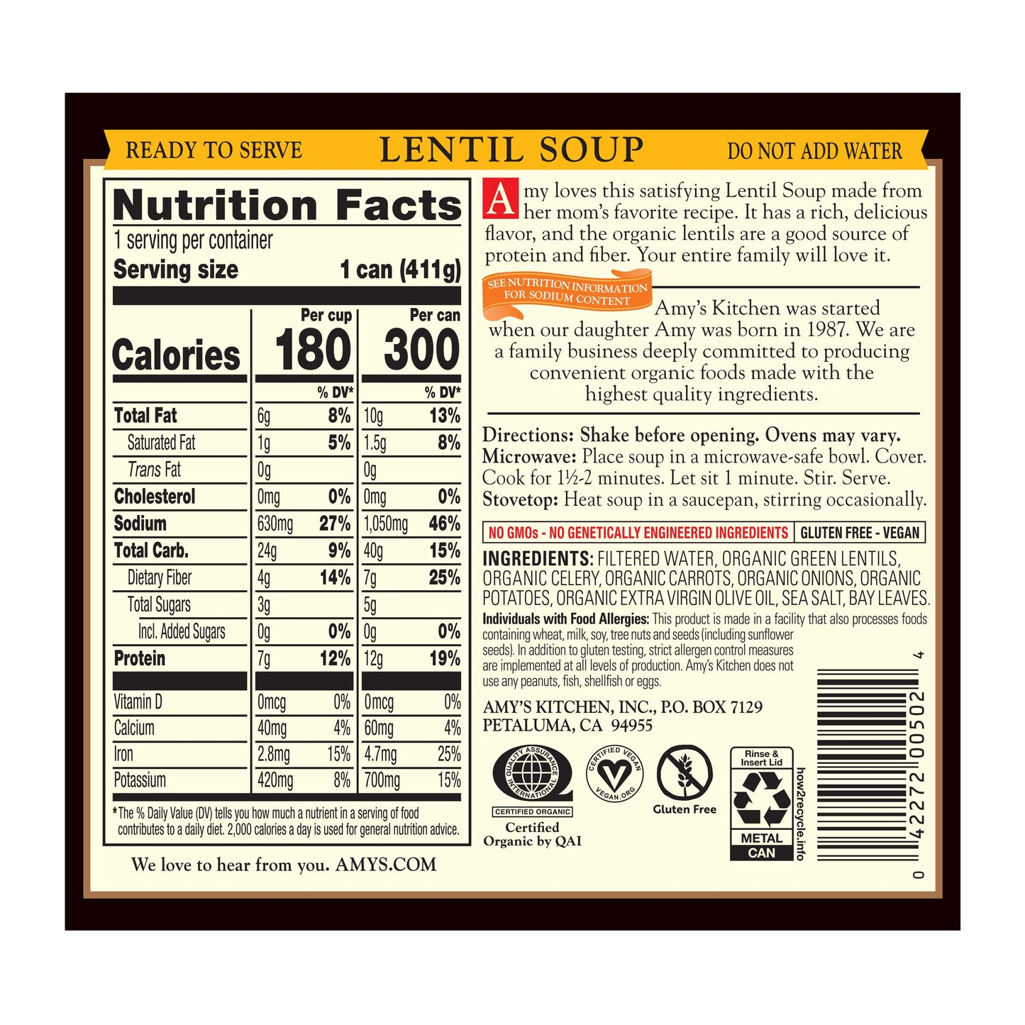 Amy'S Soup, Vegan, Gluten Free, Organic Lentil, 14.5 Ounce (Pack Of 12)