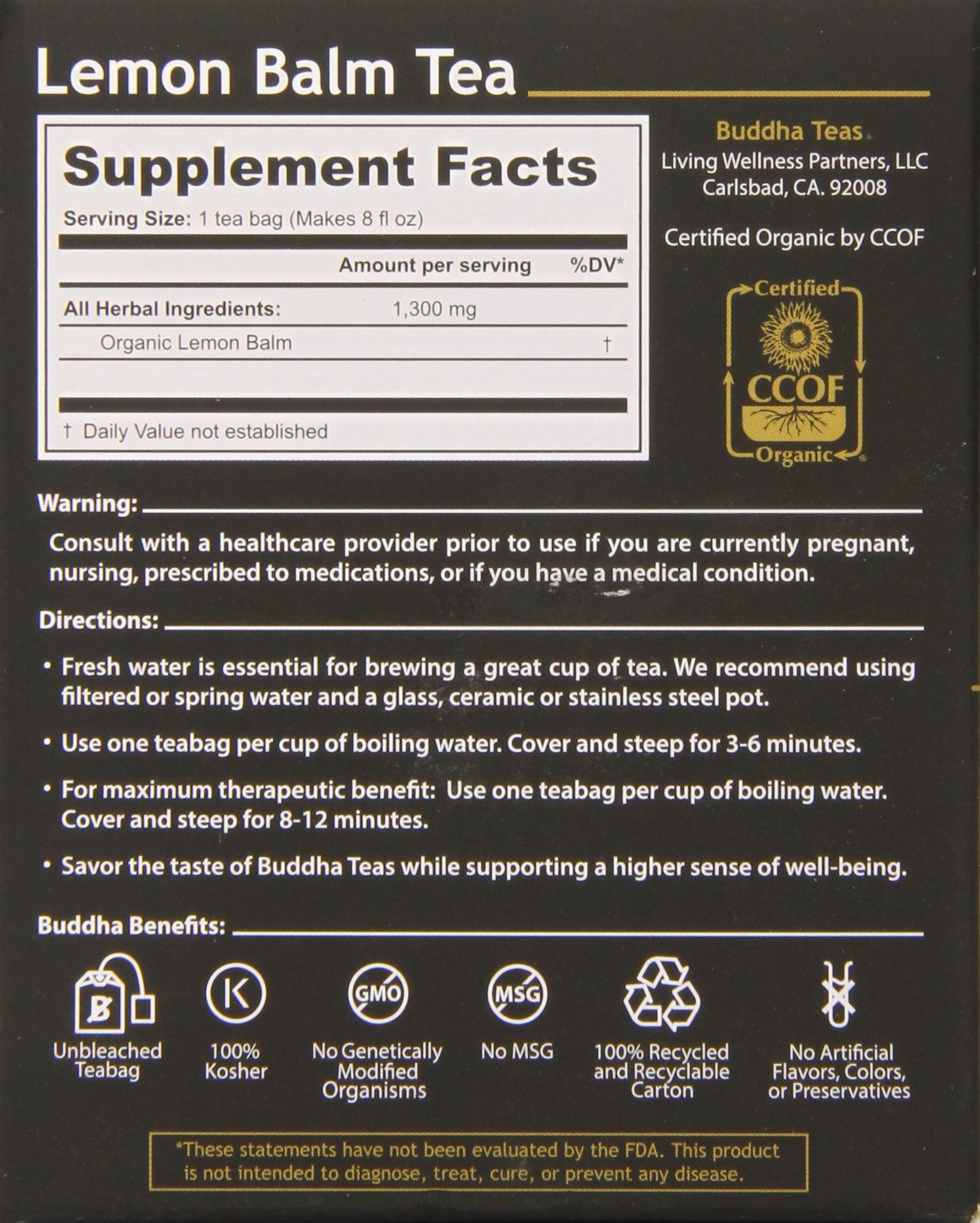 Buddha Teas Organic Lemon Balm Tea - Ou Kosher, Usda Organic, Ccof Organic, 18 Count (Pack Of 6)