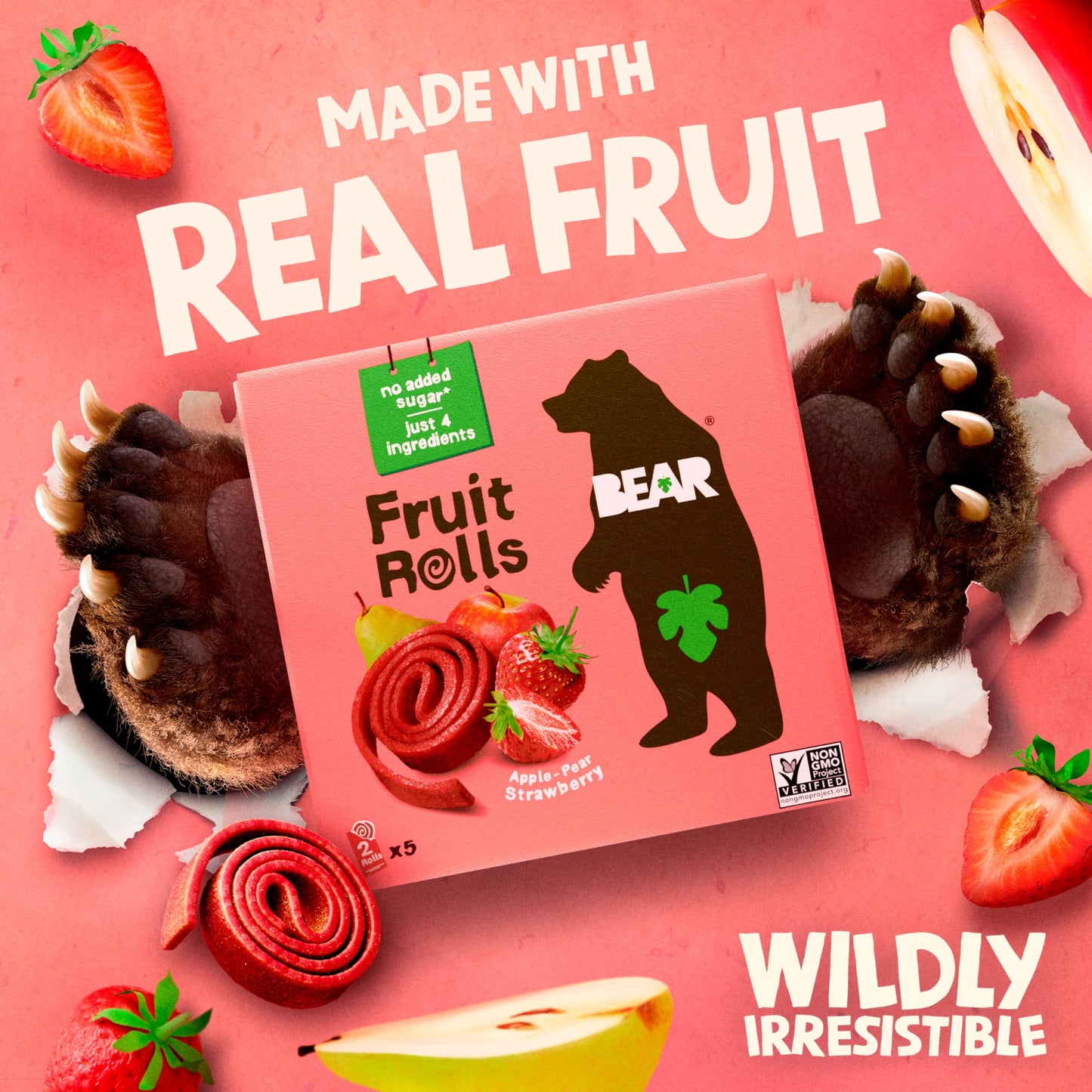 BEAR Real Fruit Snack Rolls, Strawberry & Raspberry Variety Pack - 16 Count - Gluten Free, Vegan, and Non-GMO - Healthy School A