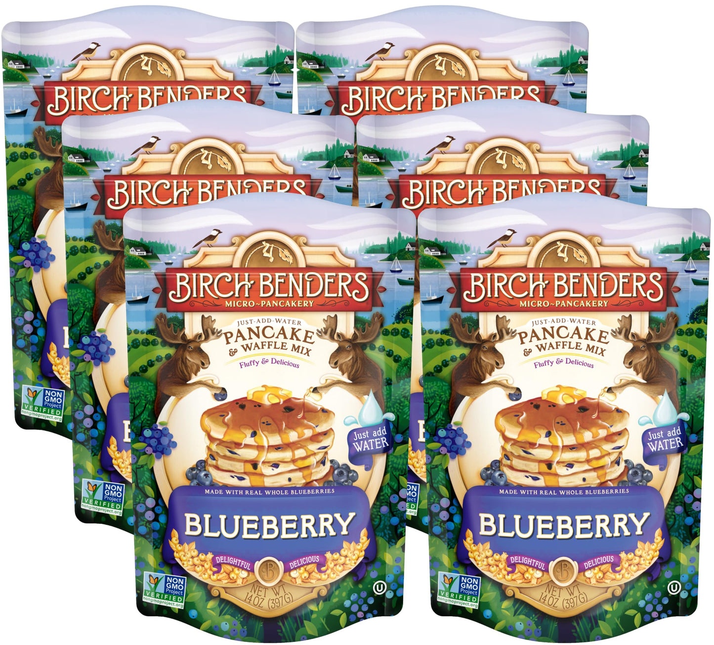 Blueberry Pancake & Waffle Mix By Birch Benders, Made With Real Blueberries, Non-Gmo, Just Add Water, Family Size, 14 Oz (Pack o