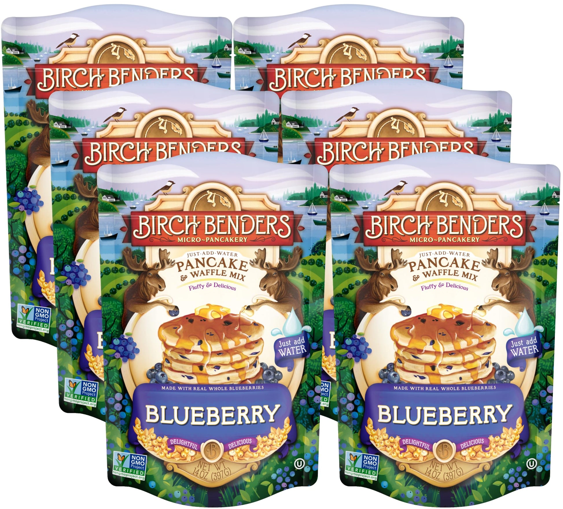 Blueberry Pancake & Waffle Mix By Birch Benders, Made With Real Blueberries, Non-Gmo, Just Add Water, Family Size, 14 Oz (Pack o