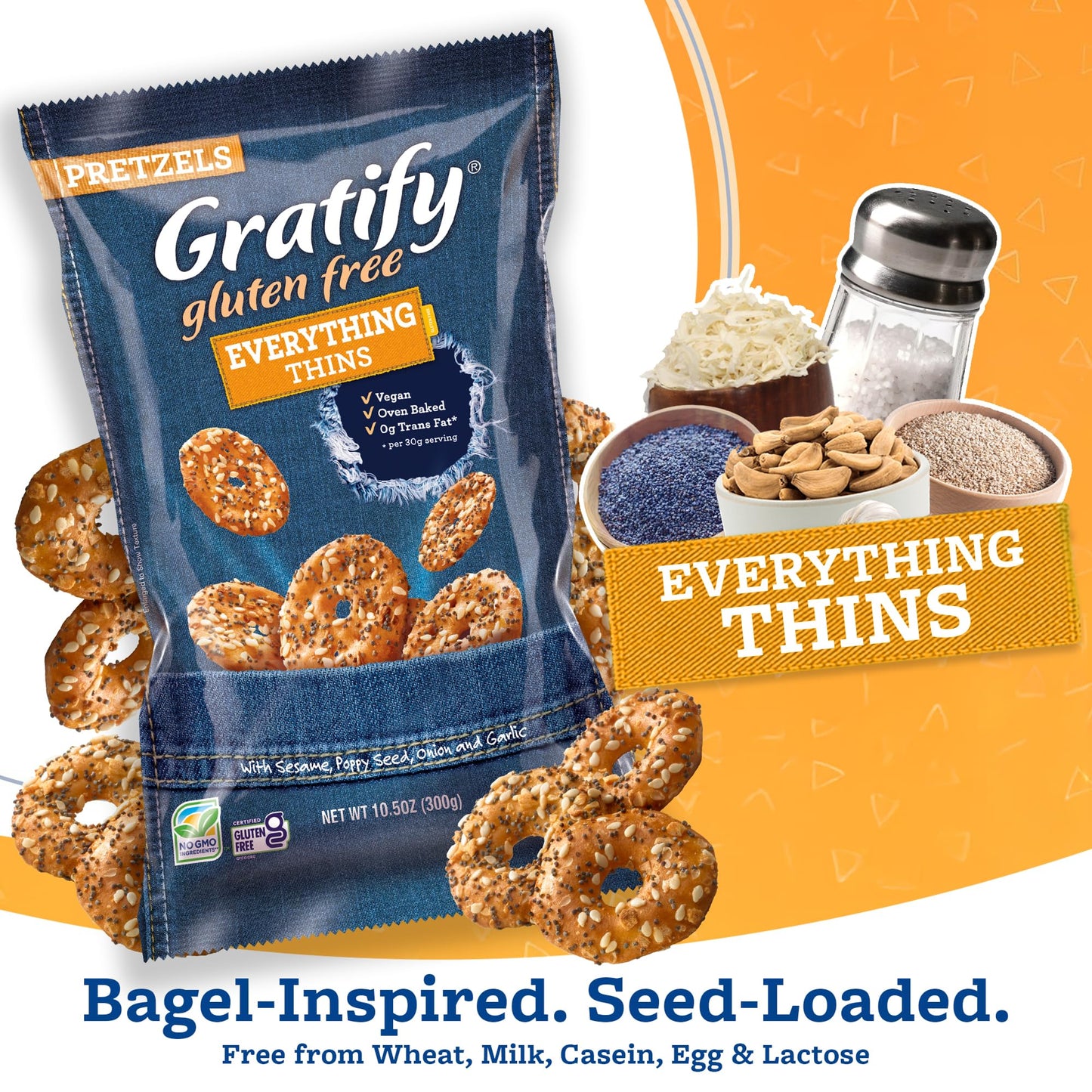 Osem Gratify Gluten Free Everything Thins - Gratify Gluten Free Pretzel Crisps, GF Party Snack Bags, Thins with Onion & Garlic S