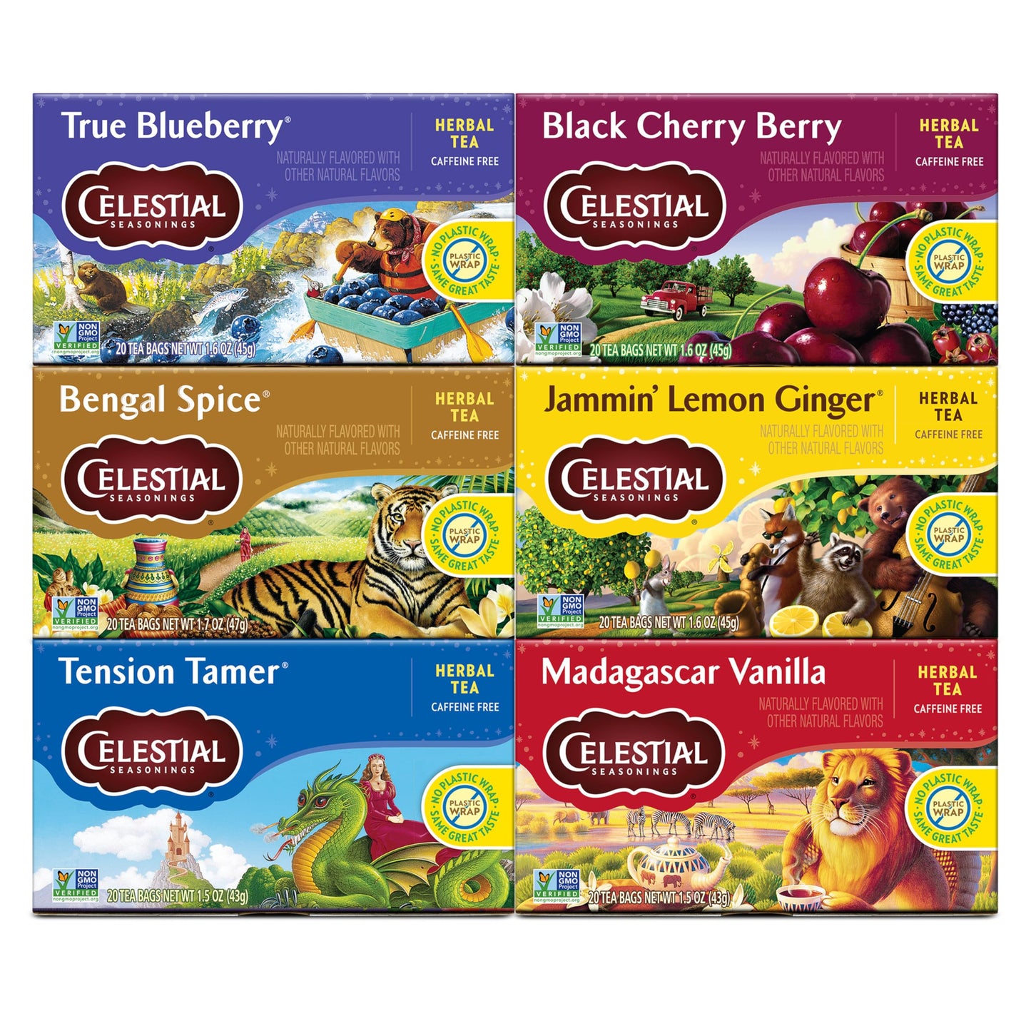 Celestial Seasonings Herbal Tea Variety Pack, Caffeine-Free, 20 Count (Pack of 6) - Rooibos, Blueberry, Tension Tamer, Cherry Berry, Bengal Spice,