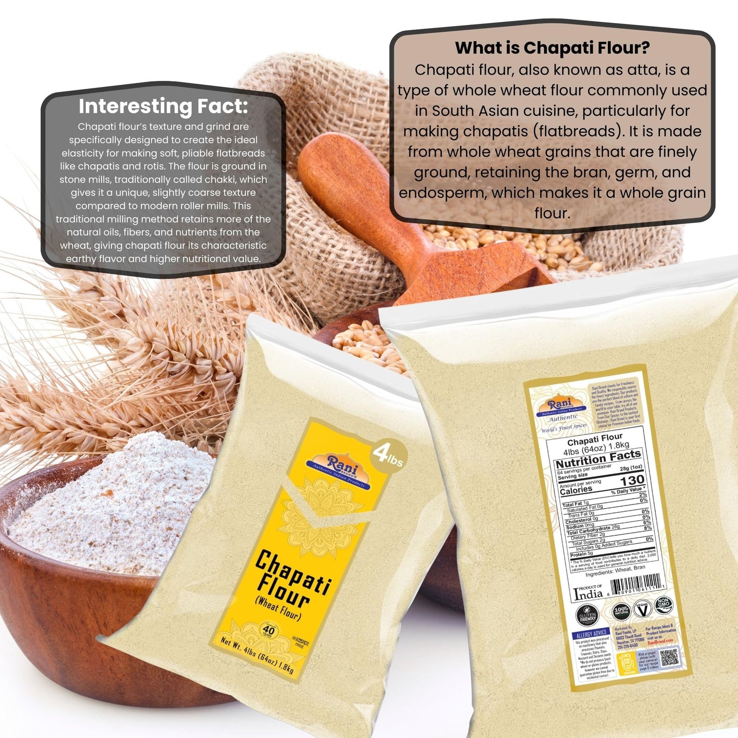 Rani Chapati Flour (100% Pure Whole Wheat Atta), For Making Roti & Indian Breads 64Oz (4Lbs) 1.81Kg Bulk ~ All Natural | Vegan |
