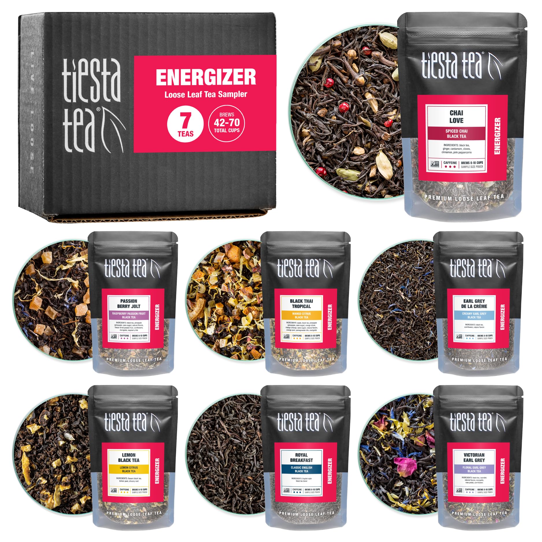 Tiesta Tea Energizer Tea Sampler Set - 7 Resealable Pouches, High Caffeine Hot & Iced Black Tea, Model 800022
