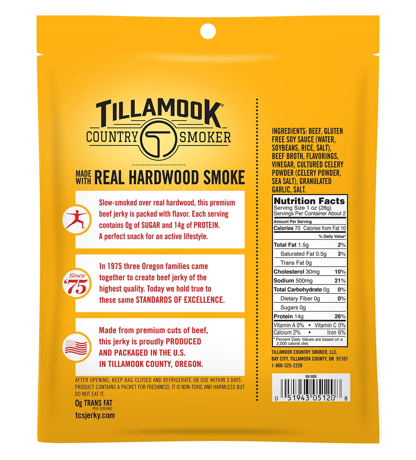 TILLAMOOK COUNTRY SMOKER Beef Jerky, Zero Sugar, Keto Friendly, Original Flavor, 2.2 Ounce