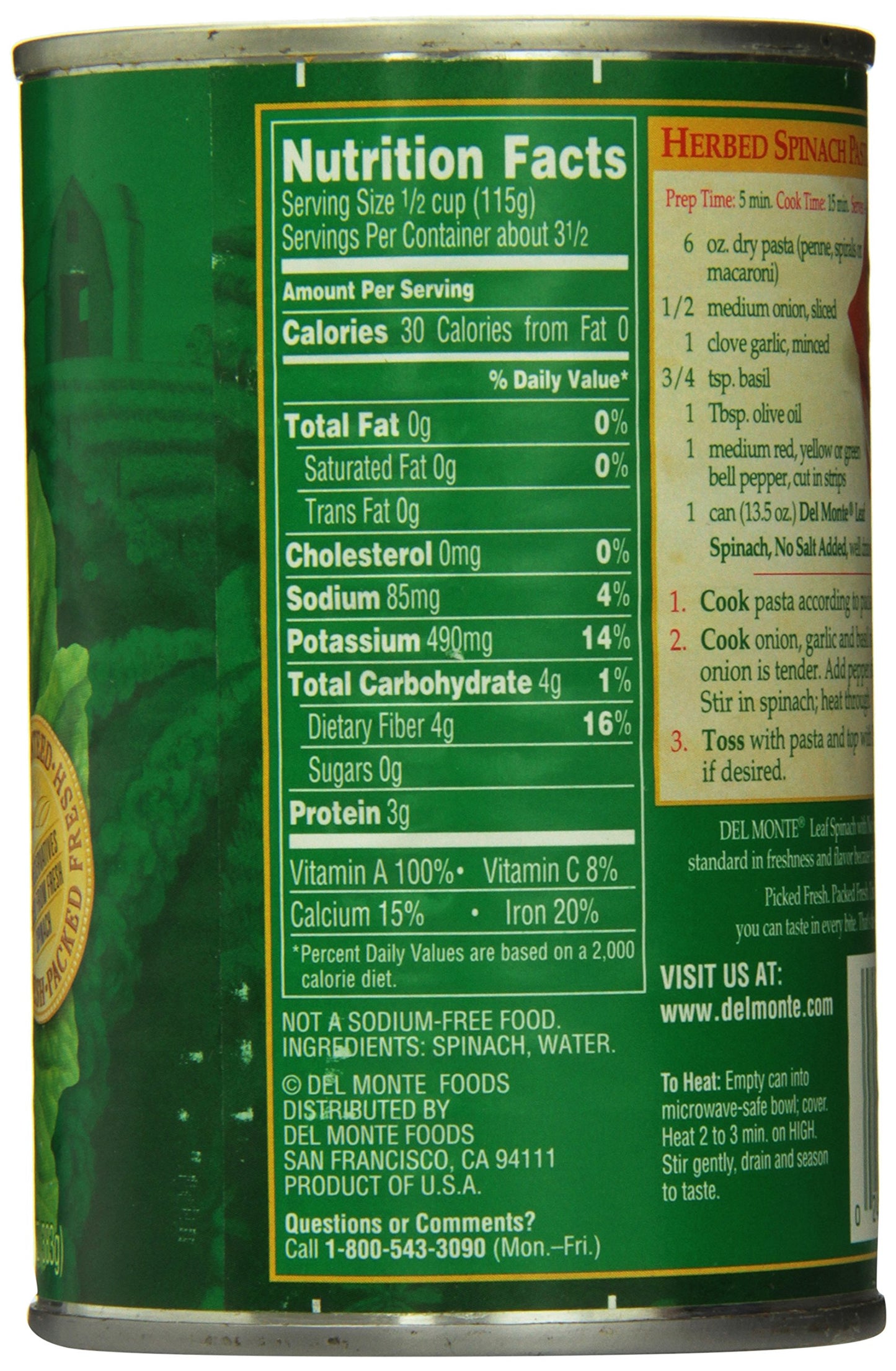 Del Monte No Salt Added Leaf Spinach 13.5 Oz Cans (Pack Of 6)
