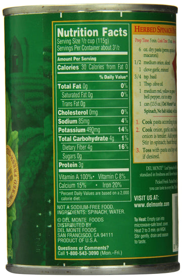 Del Monte No Salt Added Leaf Spinach 13.5 Oz Cans (Pack Of 6)