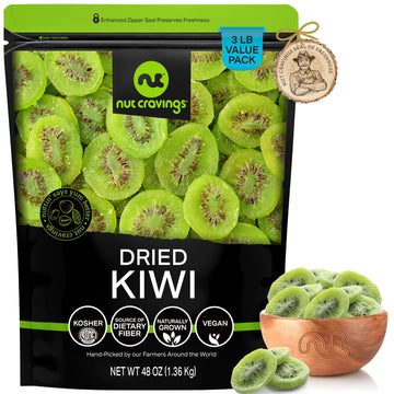 NUT CRAVINGS Dry Fruits - Sun Dried Kiwi Slices, (48oz - 3 LB, Bulk) Packed Fresh in Resealable Bag - Sweet Snack, Healthy Food,