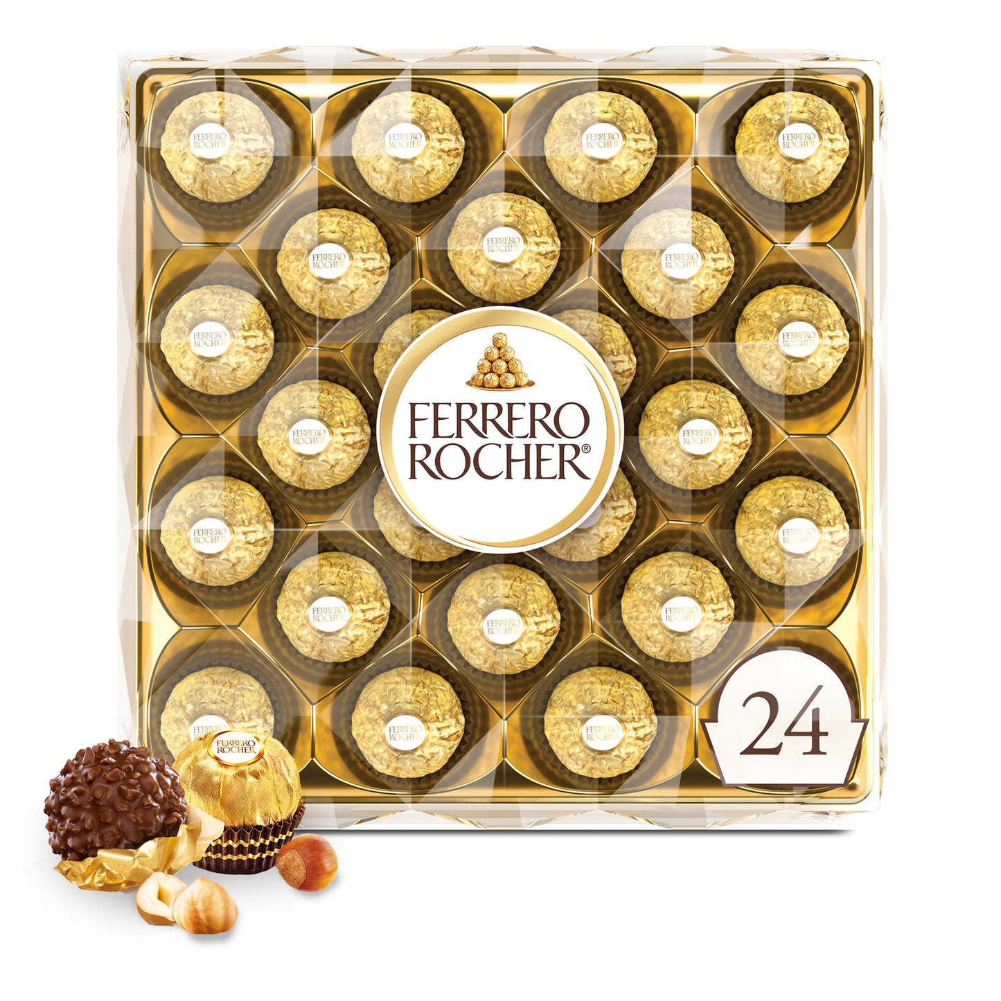 Ferrero Rocher, 24 Count, Gourmet Milk Chocolate Hazelnut, Chocolate Gift Box, Individually Wrapped, 10.6 Oz