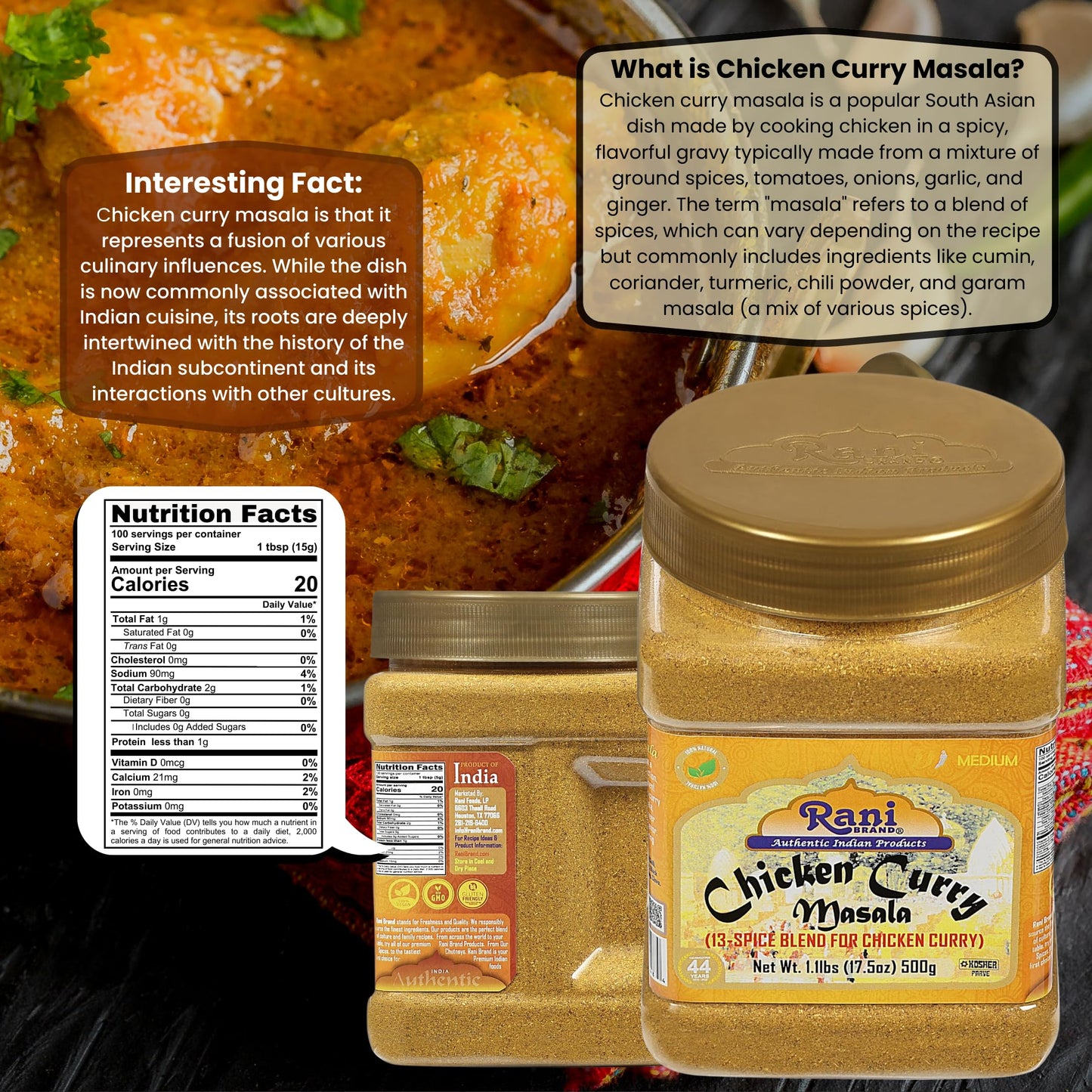 Rani Chicken Curry Masala Indian 13-Spice Blend 17.5Oz (1.1Lbs) 500G Pet Jar ~ All Natural | Vegan | No Colors | Gluten Friendly