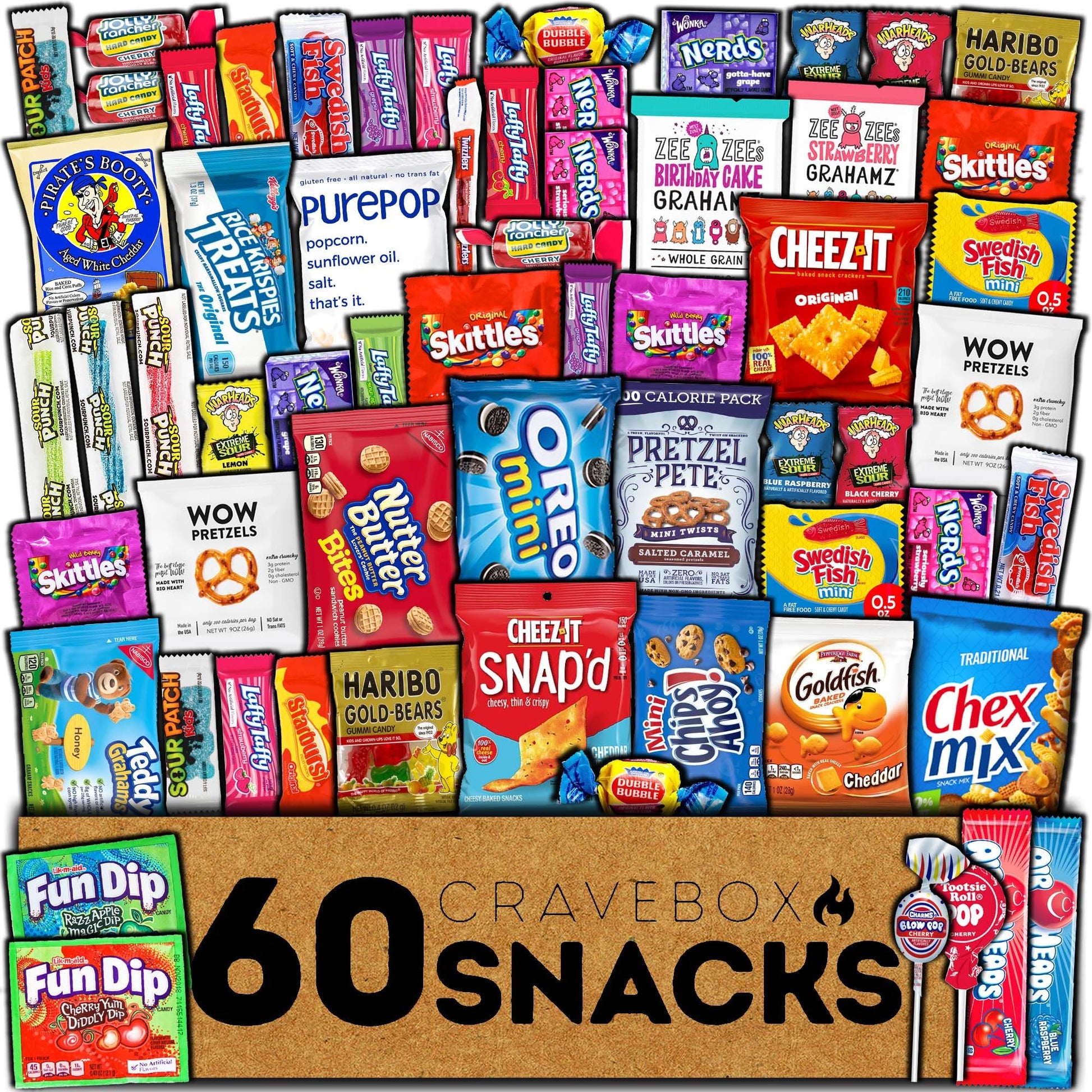 CRAVEBOX Snack and Candy Box Variety Pack - 60 Count Gift Assortment for Kids, Adults, Birthdays, Office, College