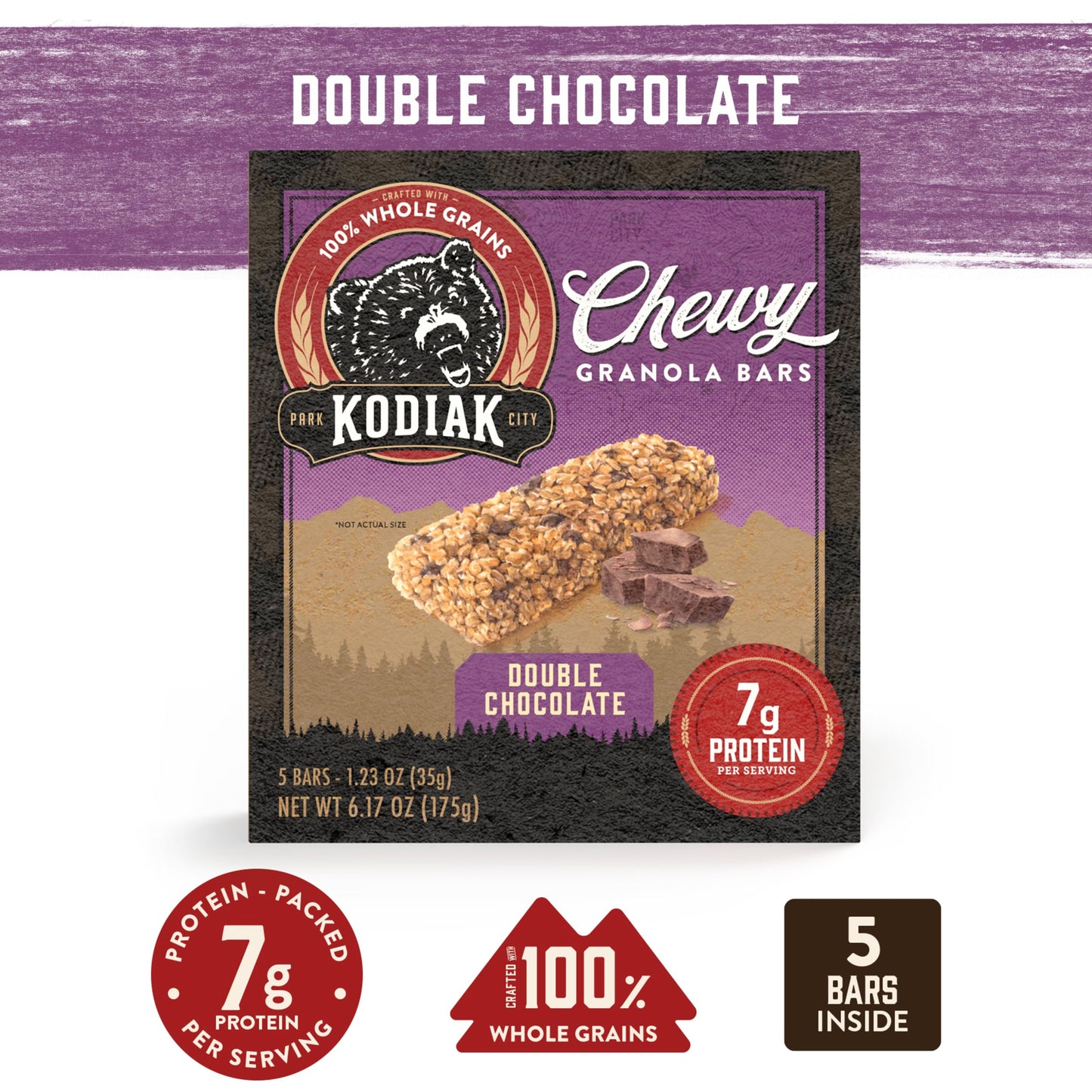 Kodiak Cakes Chewy Granola Protein Snack Bars Variety Pack, S'Mores, Chocolate Chip, Double Chocolate, High Protein, 100% Whole Grains, Pack Of 4 (20 Bars Total)