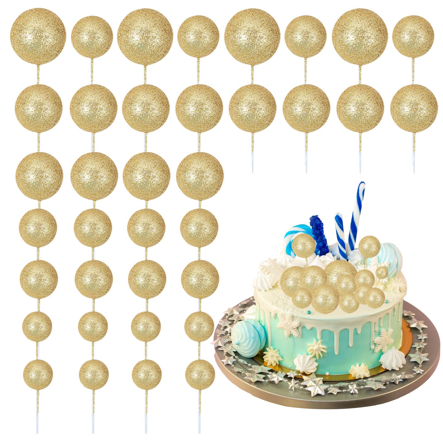 30Pcs Balls Cake Topper Glitter Foam Ball Cake Picks Mini Balloon Diy Cake Insert Topper Decoration For Baby Shower Wedding Anni
