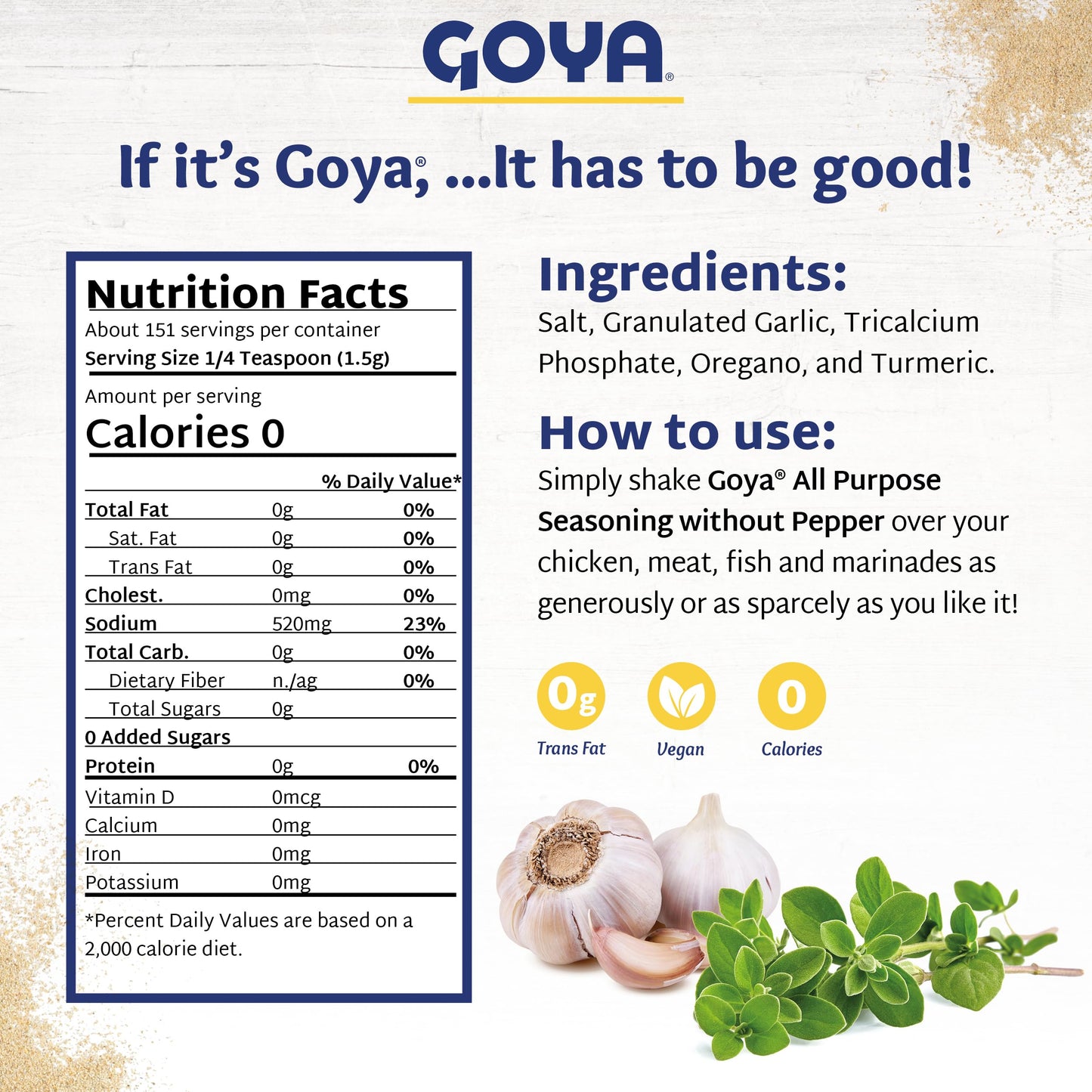 Adobo All Purpose Seasoning without Pepper by Goya, Poultry, Seafood, Meat, and Vegetable Seasoning, Fat Free and Calorie Free L