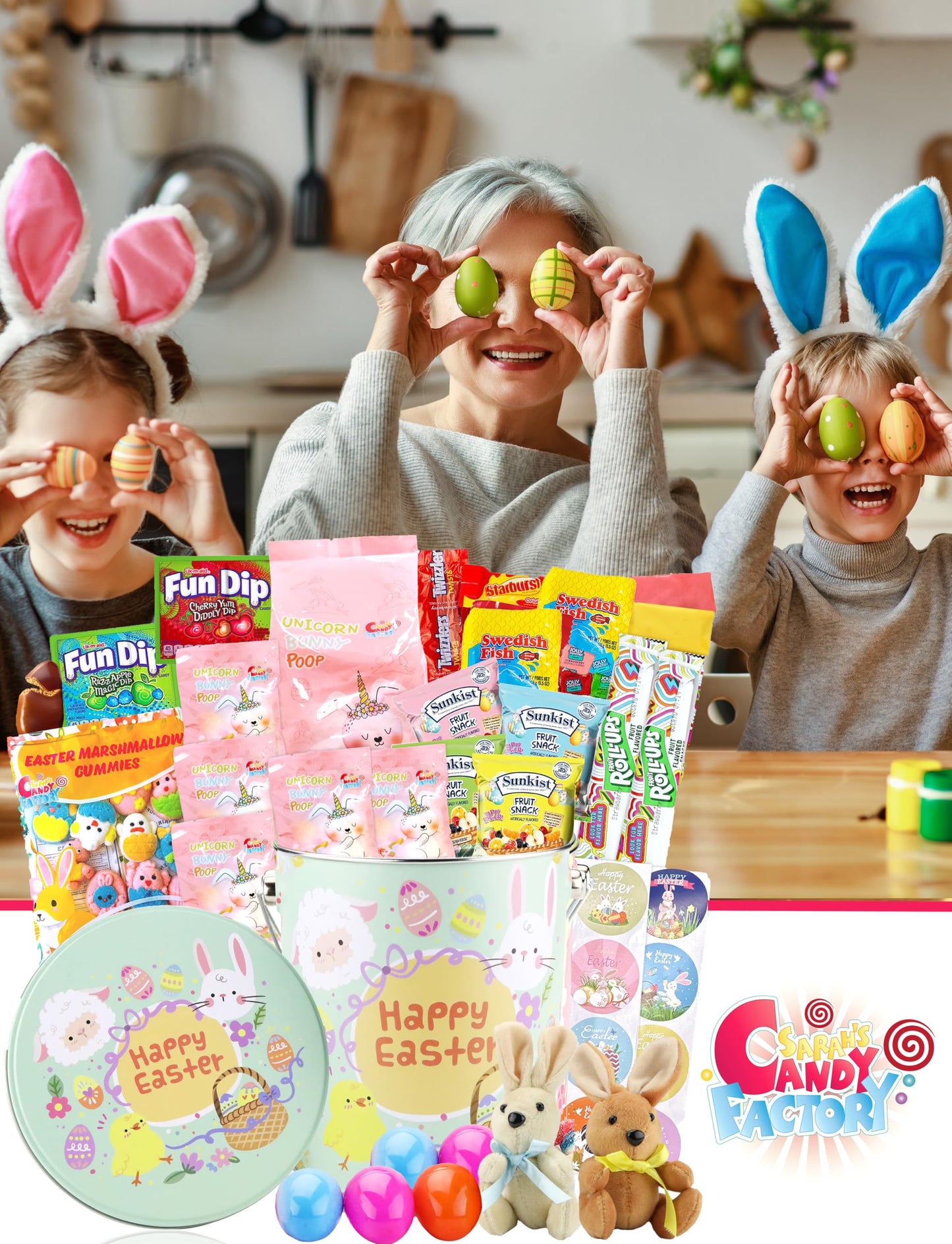 Easter Snack Green Tin Basket (60 Count) Filled With Candy With Bunny, Great Package For Family, Friends, Kids, Boys And Girls