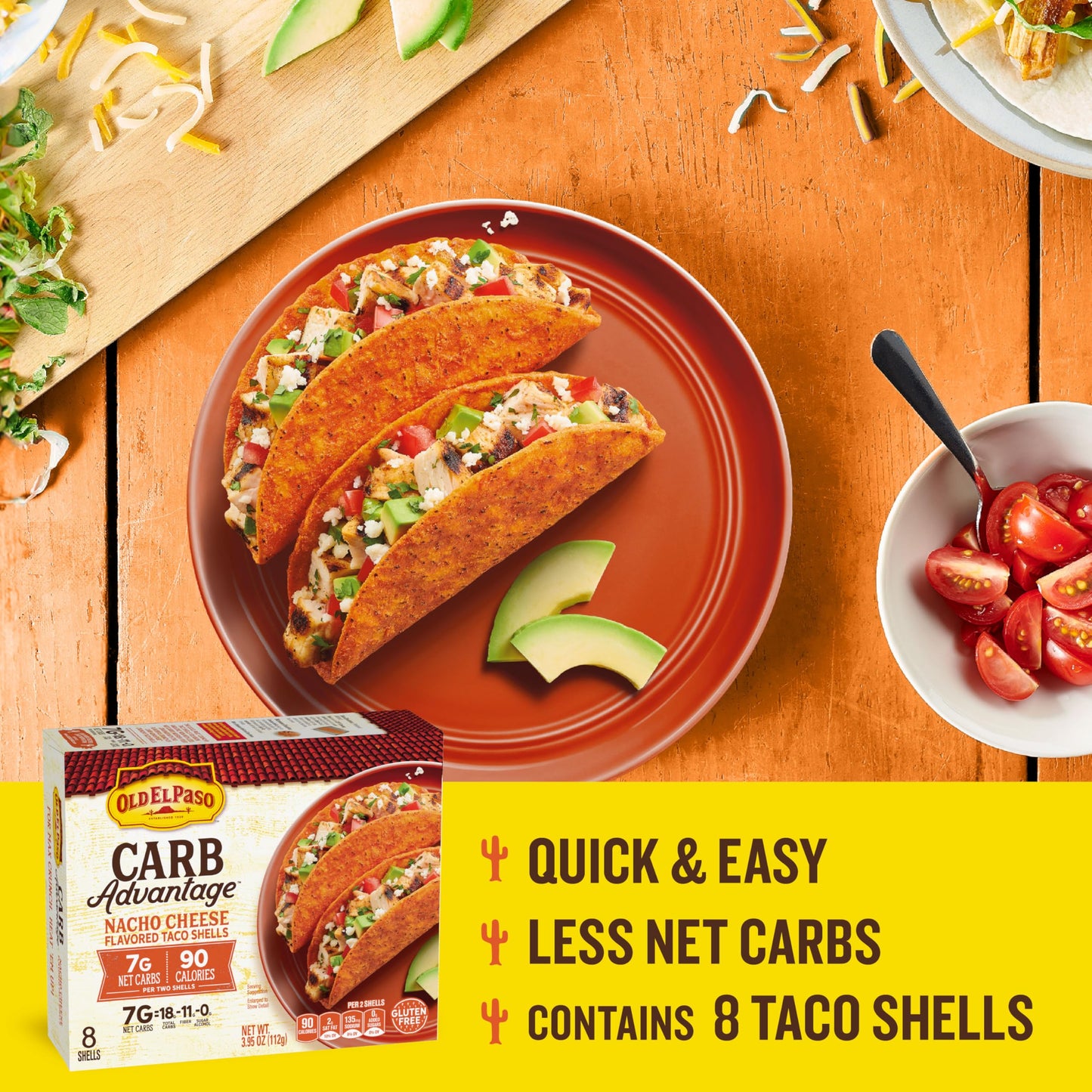 Old El Paso Carb Advantage Taco Shells  Nacho Cheese Flavored  7g Net Carbs  90 Calories  Gluten Free Crunchy Taco Shells  8 Count  3.95 oz