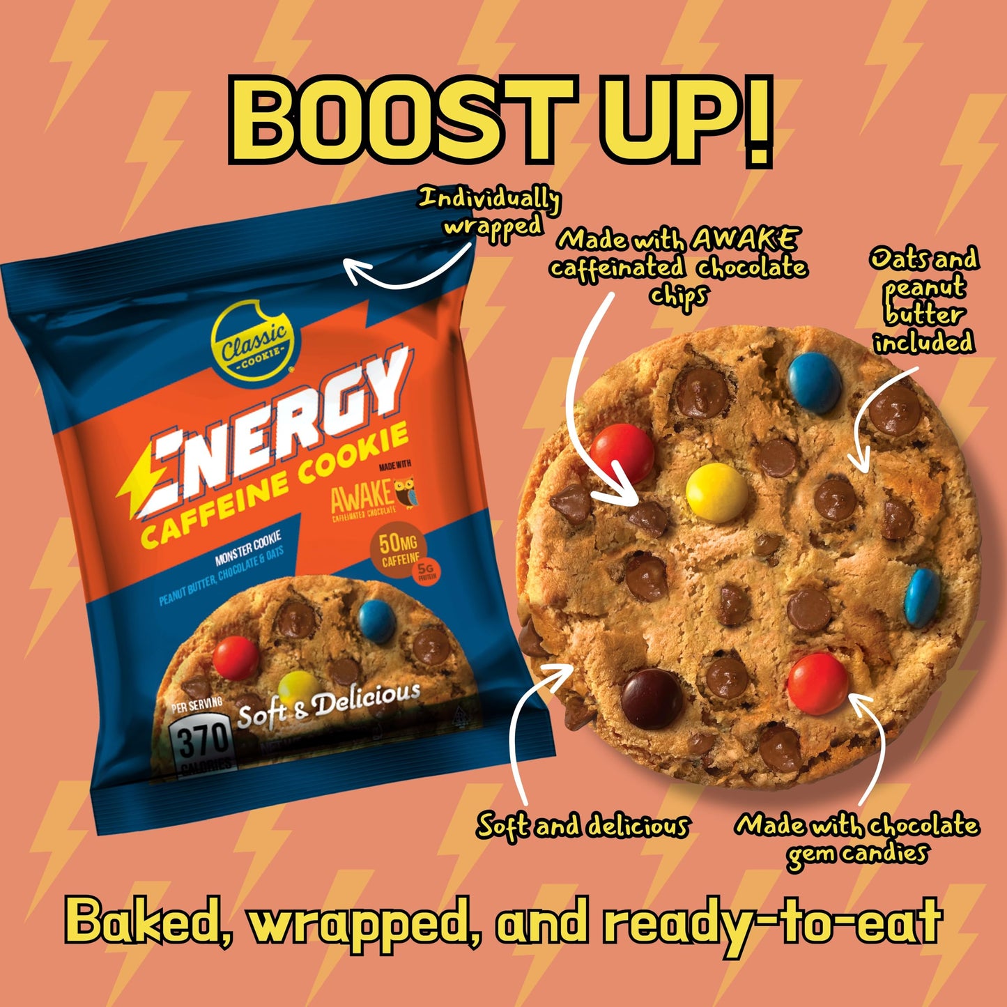Classic COOKIE Monster Cookie - Energy Caffeine Soft Cookies, 2.8oz, 8 Count, Brown