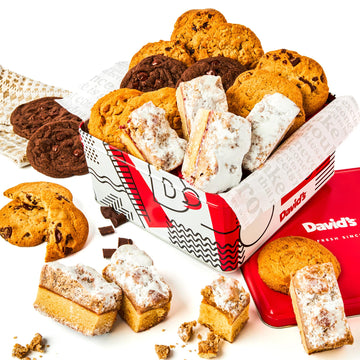 Davids Cookies Assorted Fresh Baked Cookies & Crumb Cake Tin – 1Lb Assorted Cookies + 8 Wrapped Crumb Cakes with Raspberry & Butter Flavors