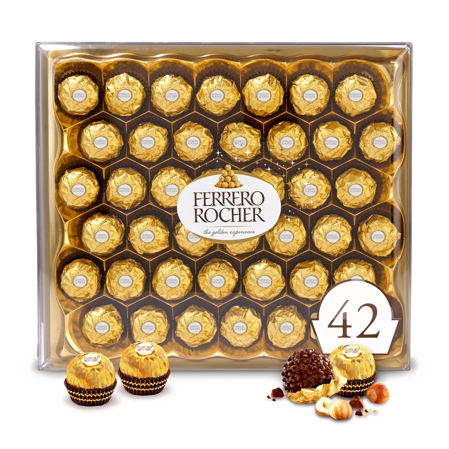 Ferrero Rocher, 42 Count, Gourmet Milk Chocolate Hazelnut, Chocolate Gift Box, Individually Wrapped, 18.5 Oz
