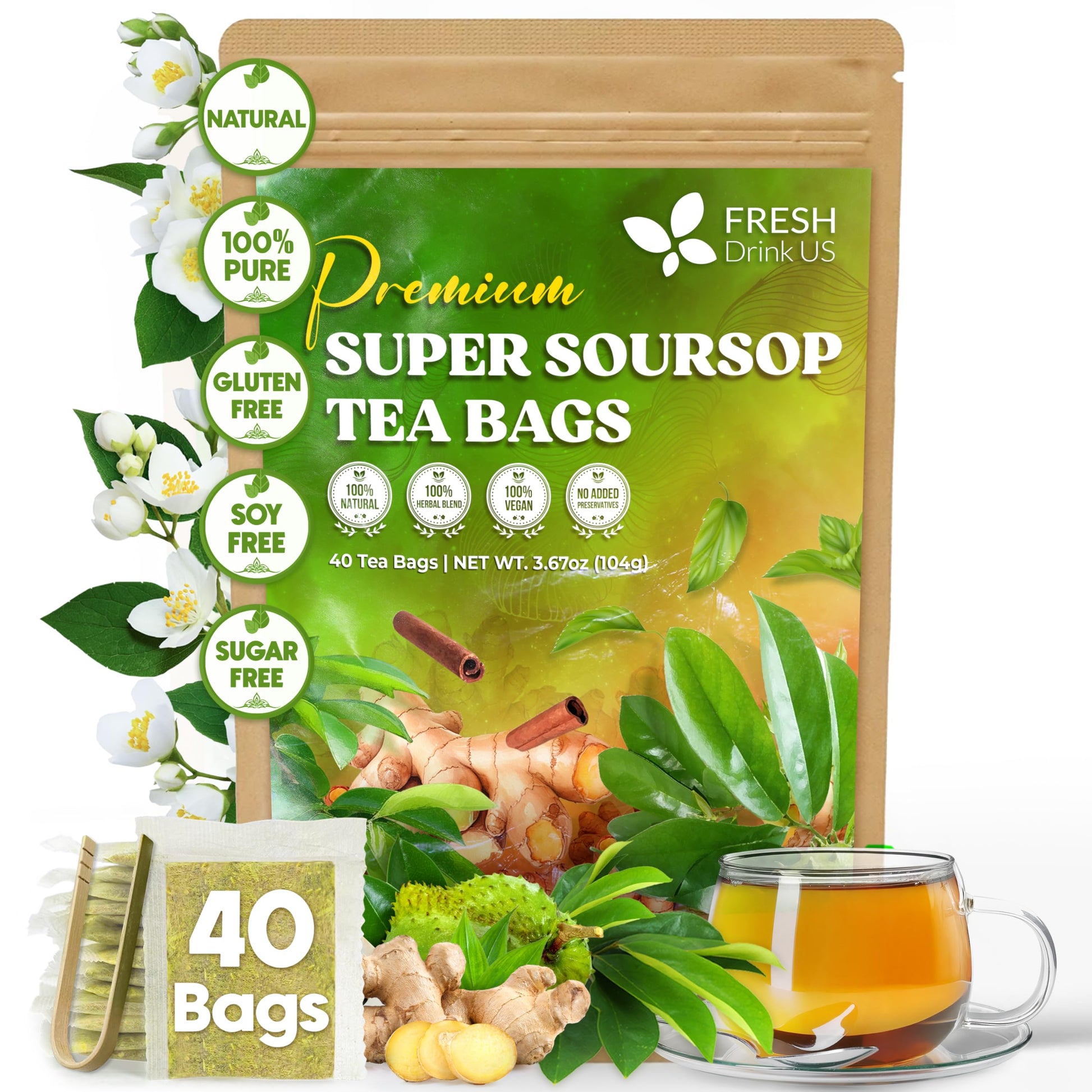 Freshdrinkus  Super Soursop Herbal Tea - 40 Tea Bags | Soursop  Flavor Blendger  Turmeric  Lemongrass  Cinnamon  Black Pepper & Peppermint | Energy Blend-Free  Natural Flavor  Plant-Based Blend | Sugar-Free