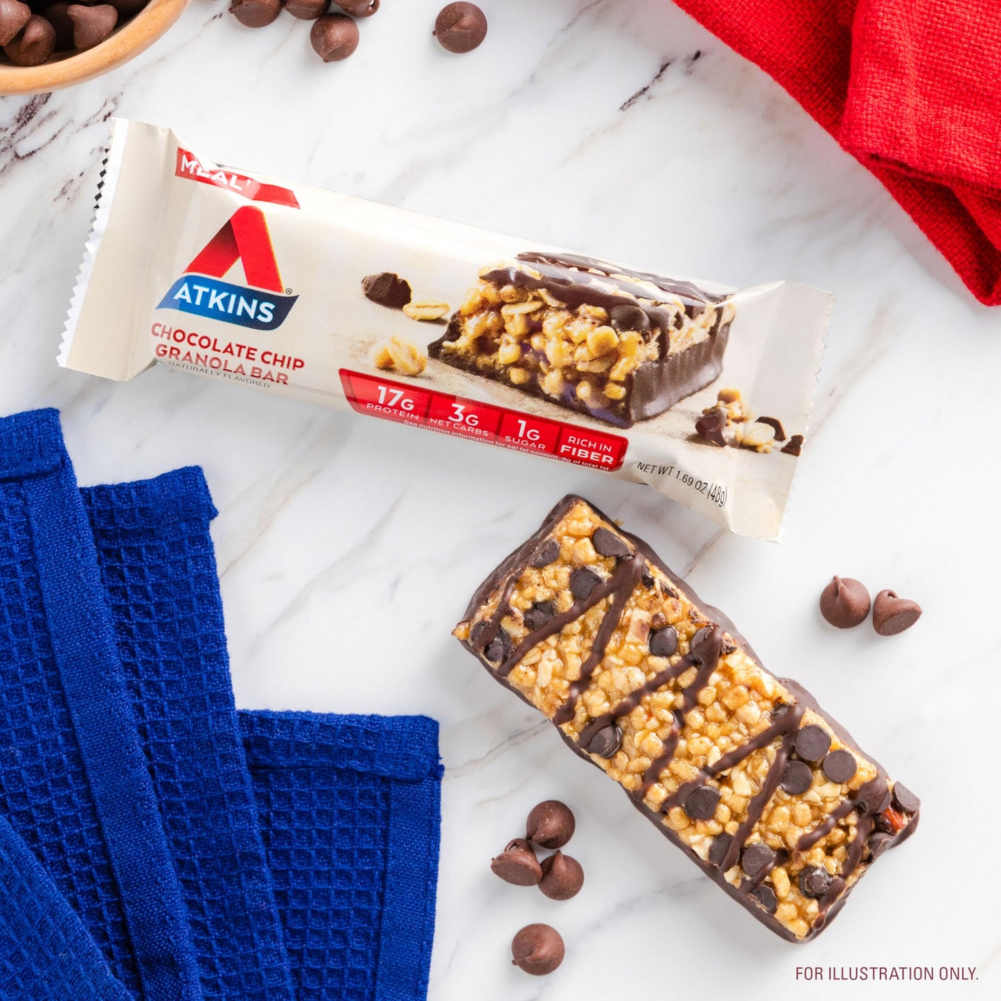 Atkins Chocolate Chip Granola Protein Meal Bar, 17g Protein, 1g Sugar, Keto Friendly, 12 Count