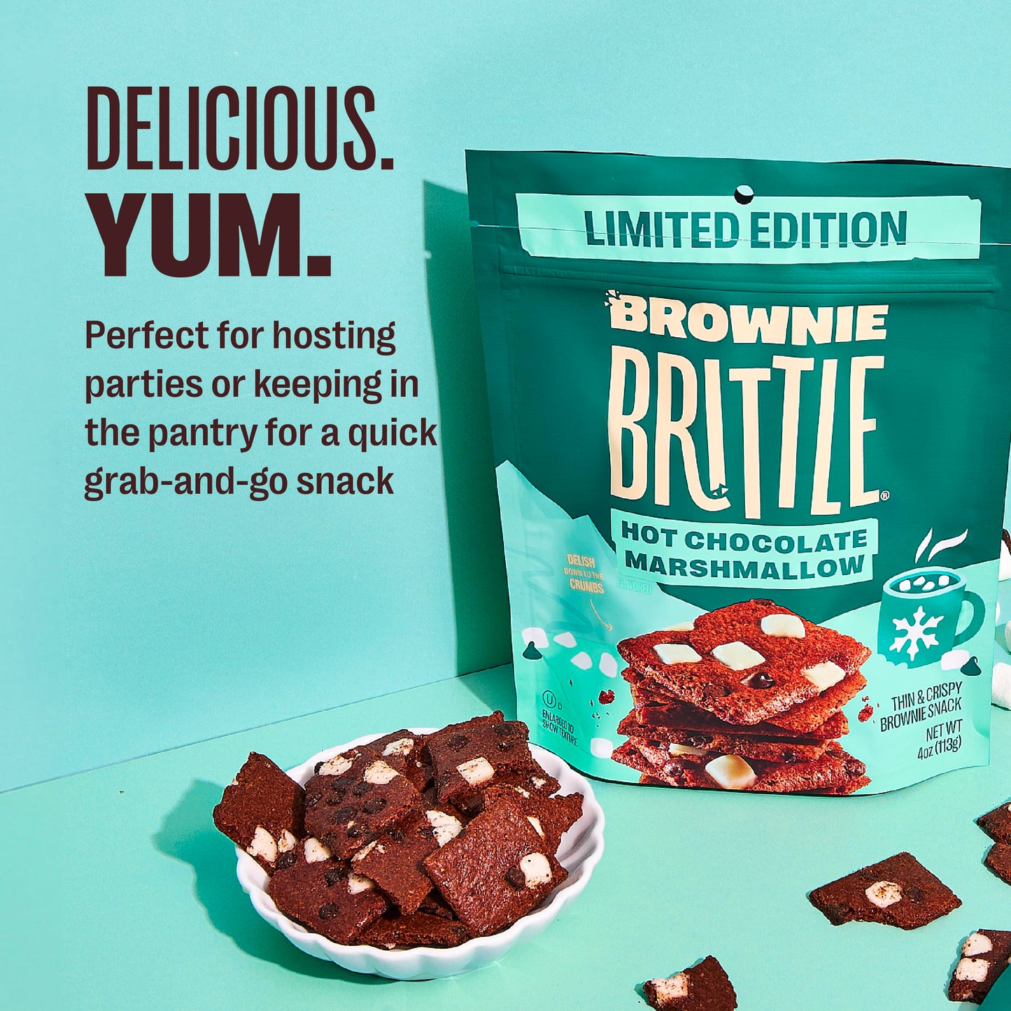 Brownie Brittle - Hot Chocolate Marshmallow Thin and Crispy Sweet Snacks (Pack of 3, 4 oz), Rich Gourmet Brownie Bites Dessert