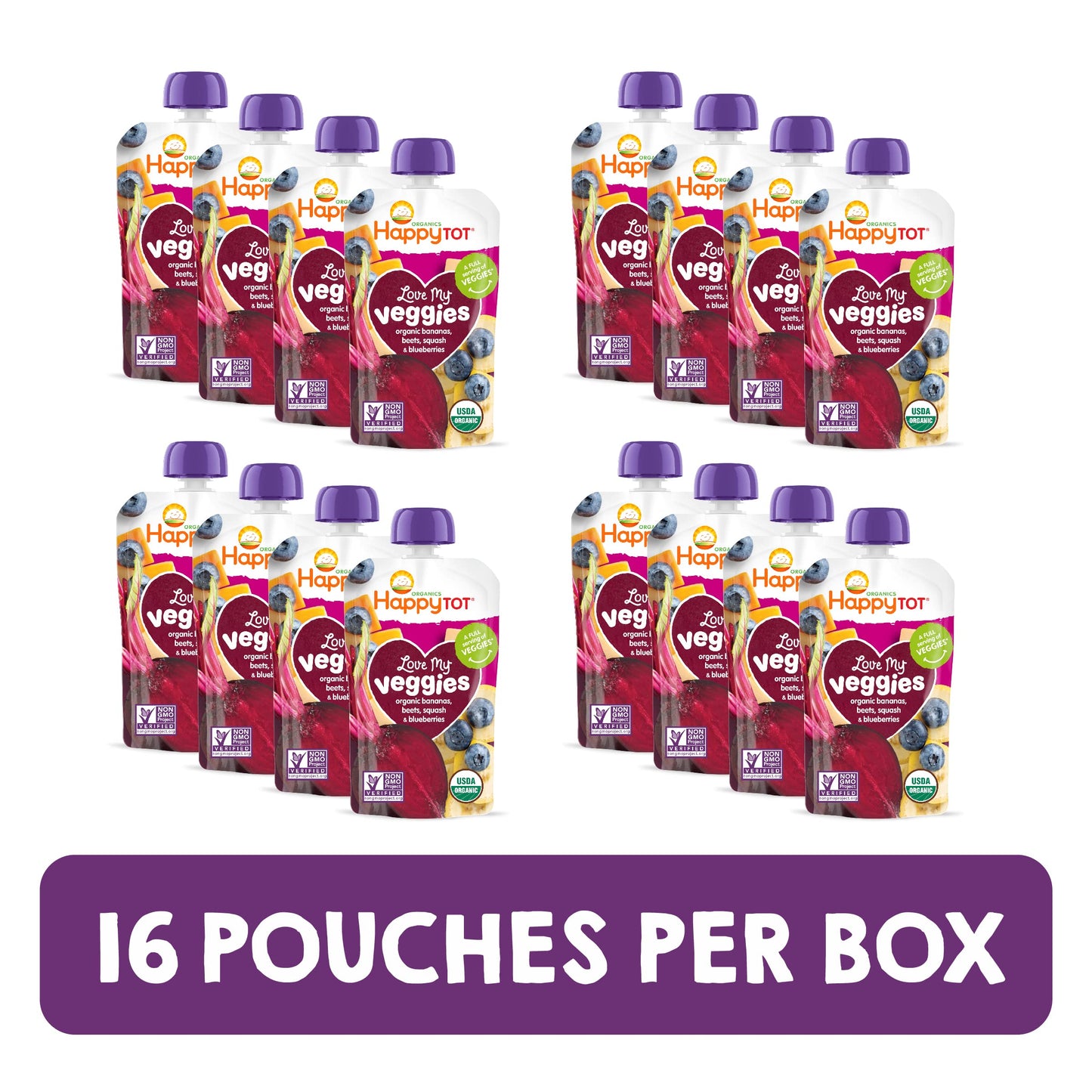 Happy Tot Organics Stage 4 Baby Food Pouches, Gluten Free, Vegan Snack, Love My Veggies, Fruit & Veggie Puree, Banana, Beet, Squ