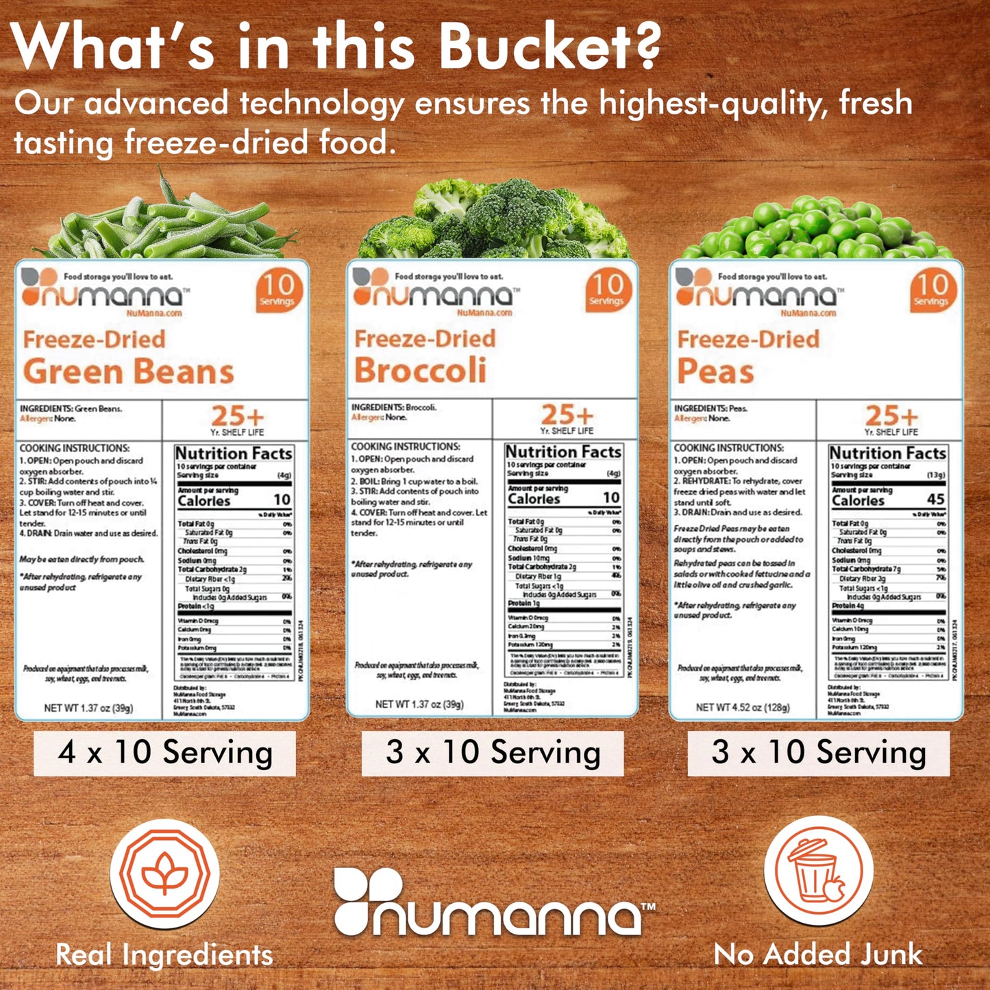 Numanna Freeze-Dried Vegetables Bucket | 100 Servings Contains Peas, Green Beans & Broccoli | Non-Gmo, No Preservatives, No Msg Camping And Emergency Veggie Meal Survival Food With 25 Years Shelf Life