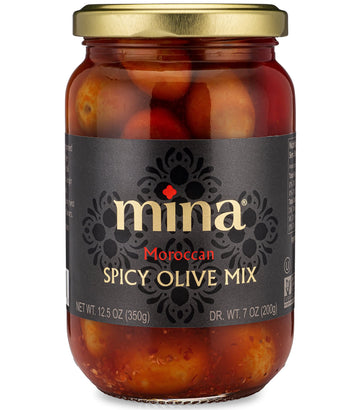 Mina Spicy Olive Mix, 12.5 Oz – Premium Handpicked Moroccan Olives With Red Chili Pepper Harissa, Keto Friendly Spicy Olives, Low Carb, Vegan, Gluten Free Healthy Snacks