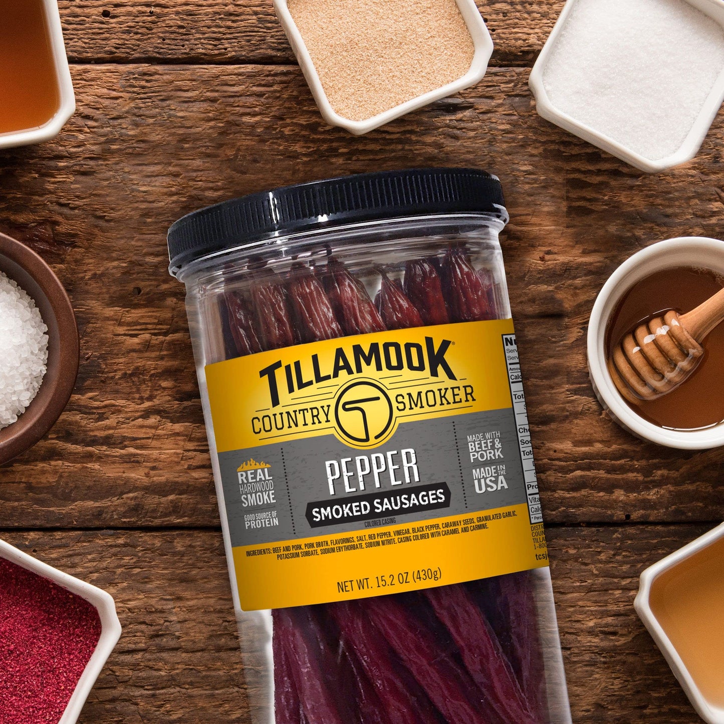 TILLAMOOK COUNTRY SMOKER Real Hardwood Smoked Sausages, Pepper, 15.2 Ounce Tall Jar, 20 Count