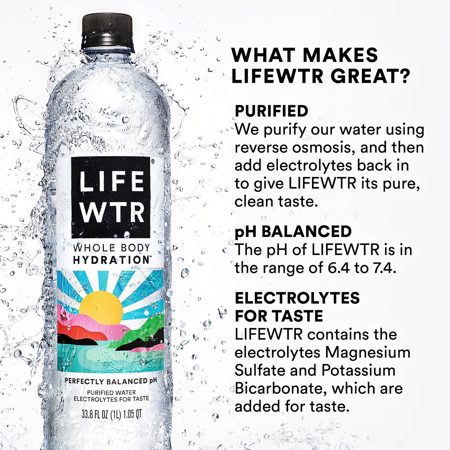 LIFEWTR Premium Purified Water, pH Balanced, Electrolytes, 33.8 Fl Oz, 1L, Pack of 6