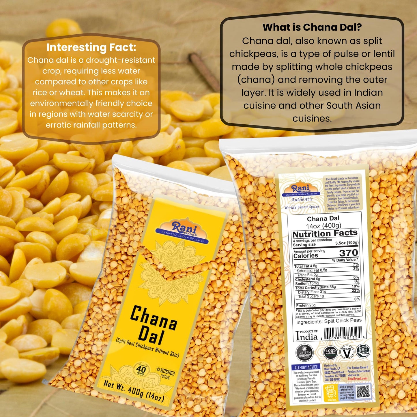 Rani Chana Dal (Split Desi Chickpeas without skin) 14oz (400g) ~ All Natural | Gluten Friendly | NON-GMO | Kosher | Vegan | Indi