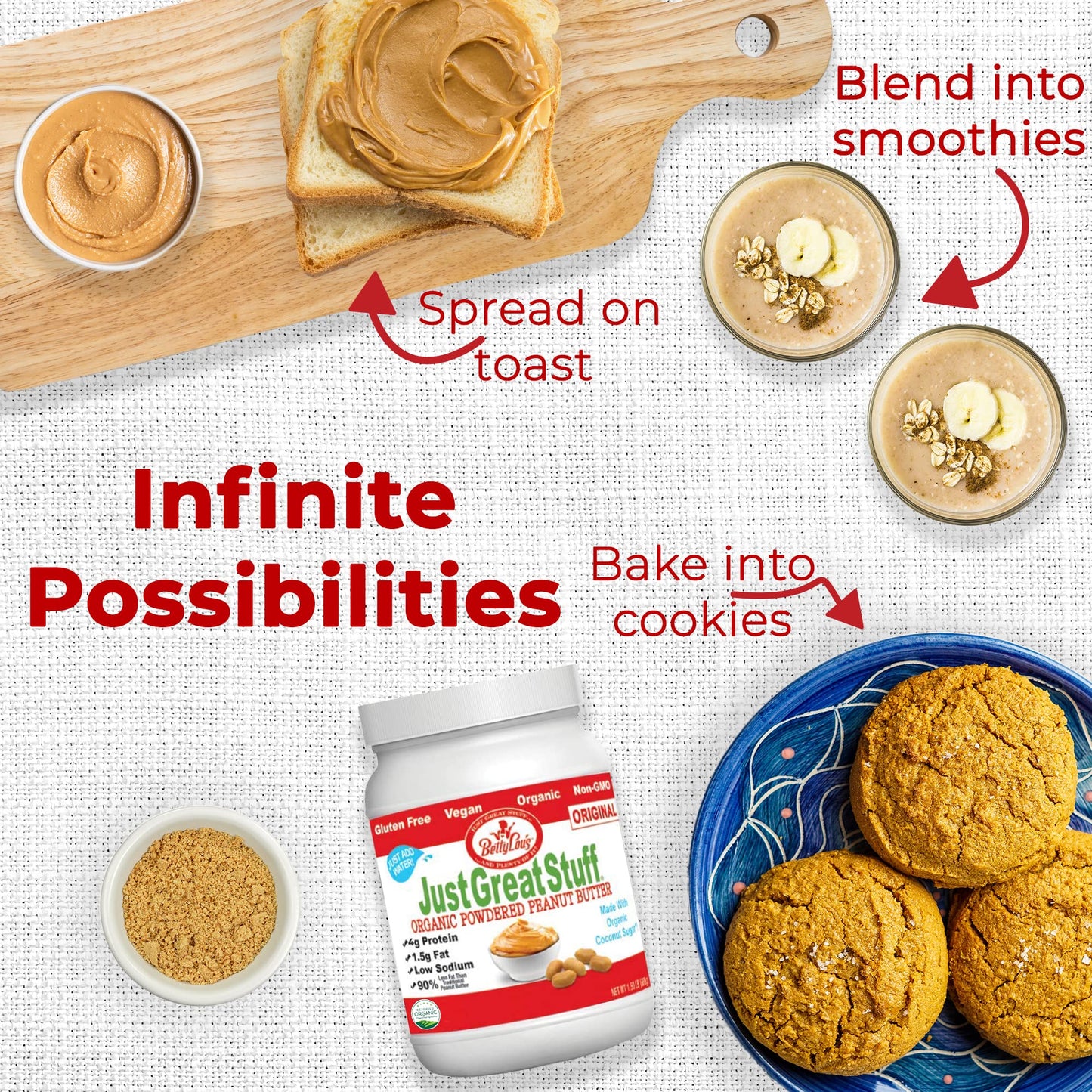 Betty Lous Organic Powdered Peanut Butter, Gluten Free, Vegan, High Protein, 24 oz