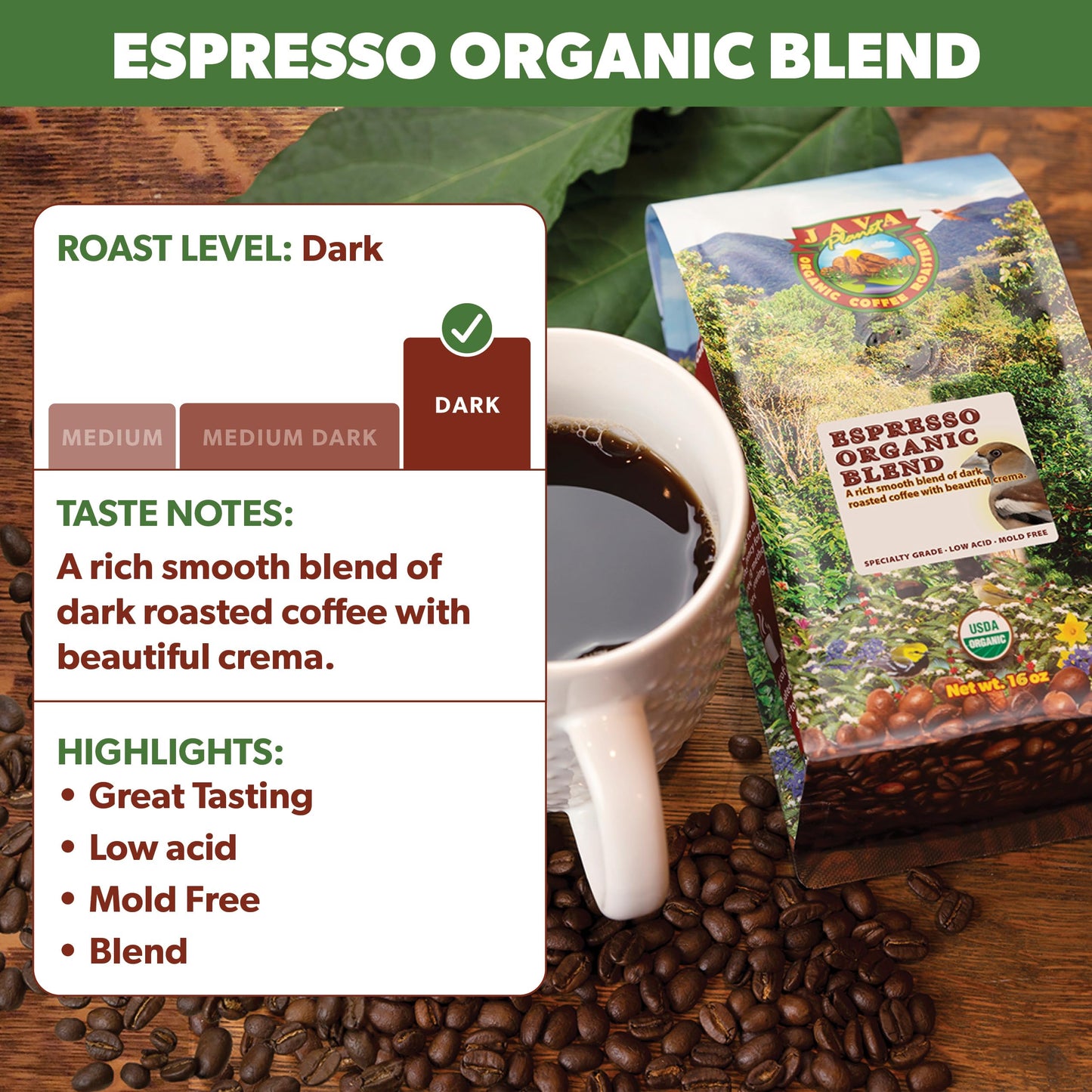 Java Planet Organic, Espresso Blend, Smooth Full Flavored Organic Coffee Beans, Low Acid, Whole Bean Coffee, 1Lb Bag