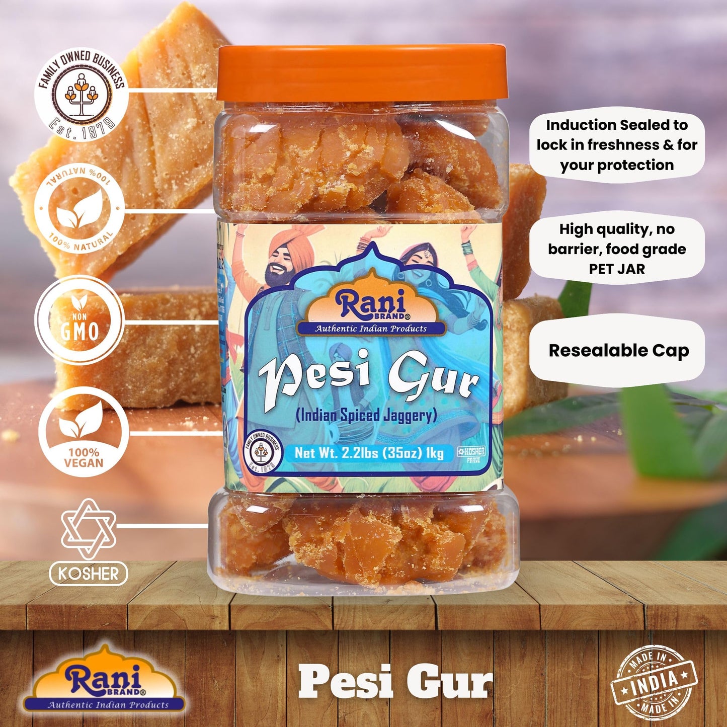 Rani Pesi Gur (Jaggery) Indian Unrefined Raw Cane Sugar 35oz (2.2lbs) 1kg PET Jar ~ Gluten Friendly | Vegan | NON-GMO | Kosher |