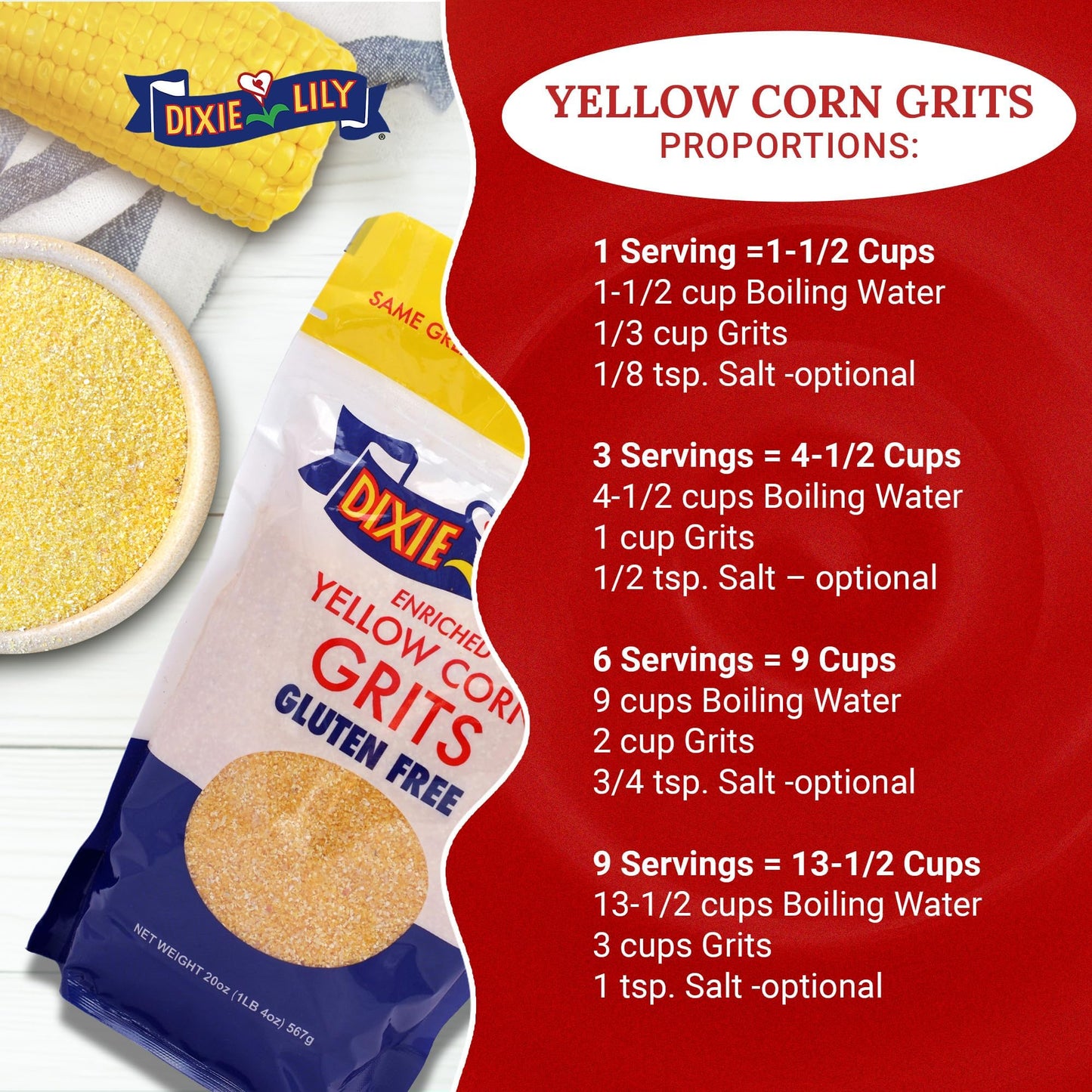 Dixie Lily Yellow Grits - 2 x 20 oz Packs with Recipe Card, Corn Grits, Gluten-Free