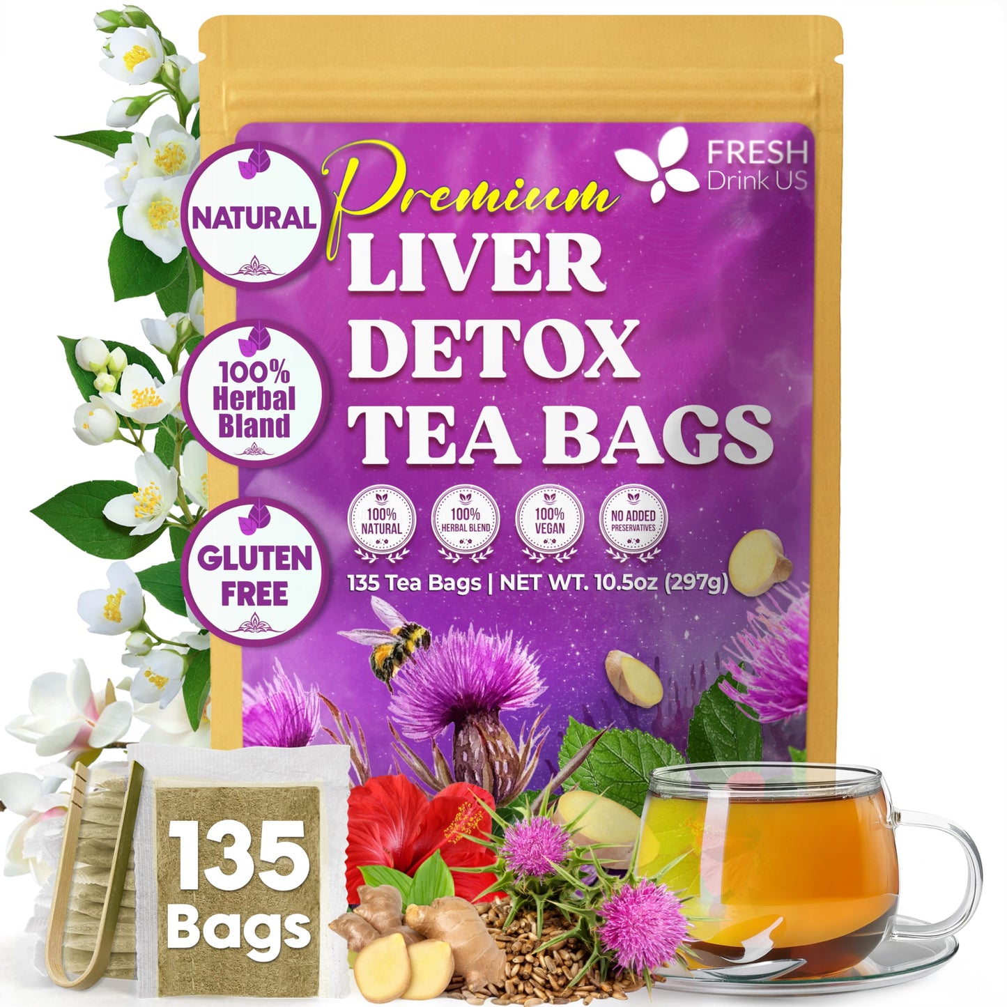 Freshdrinkus  Top-Grade Liver Detox Tea Bags | 135 Count | Eco-Conscious Corn Fiber Tea Bags | Ayurvedic Stomach Relief & Liver Support | Vegan  Energy Blend Free  Kosher
