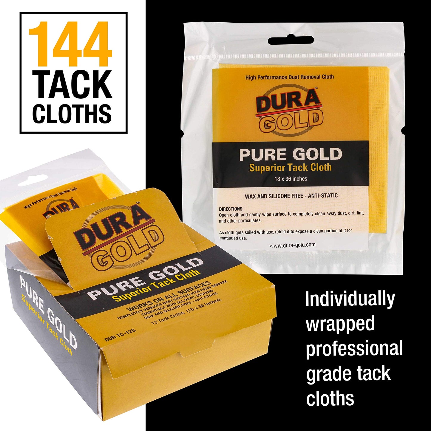 Dura-Gold - Pure Gold Superior Tack Cloths - Tack Rags (Case Of 144) - Woodworking And Painters Professional Grade - Wax And Sil