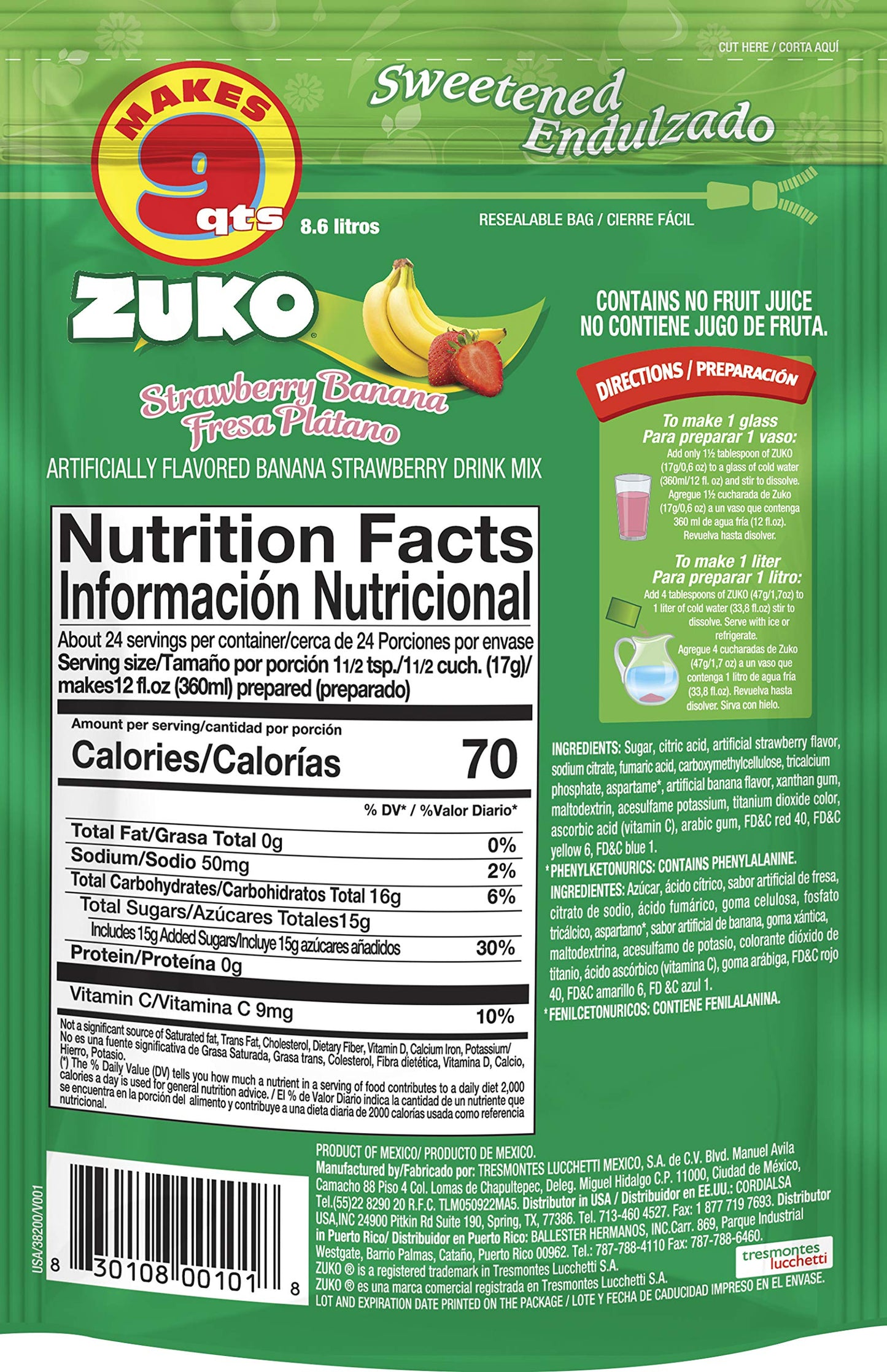 Zuko Strawberry Banana Instant Powder Drink | Family Pack | No Sugar Needed | Vitamin C | 14.1 Ounce (Pack of 6)