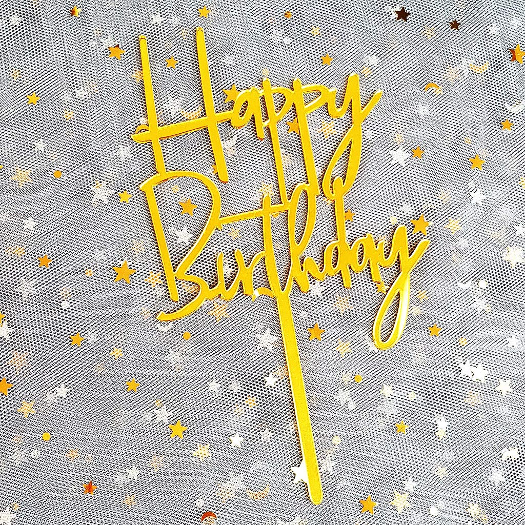 JIEEIN Happy Birthday Cake Topper - Mirror Gold Acrylic, Model NJ-0056
