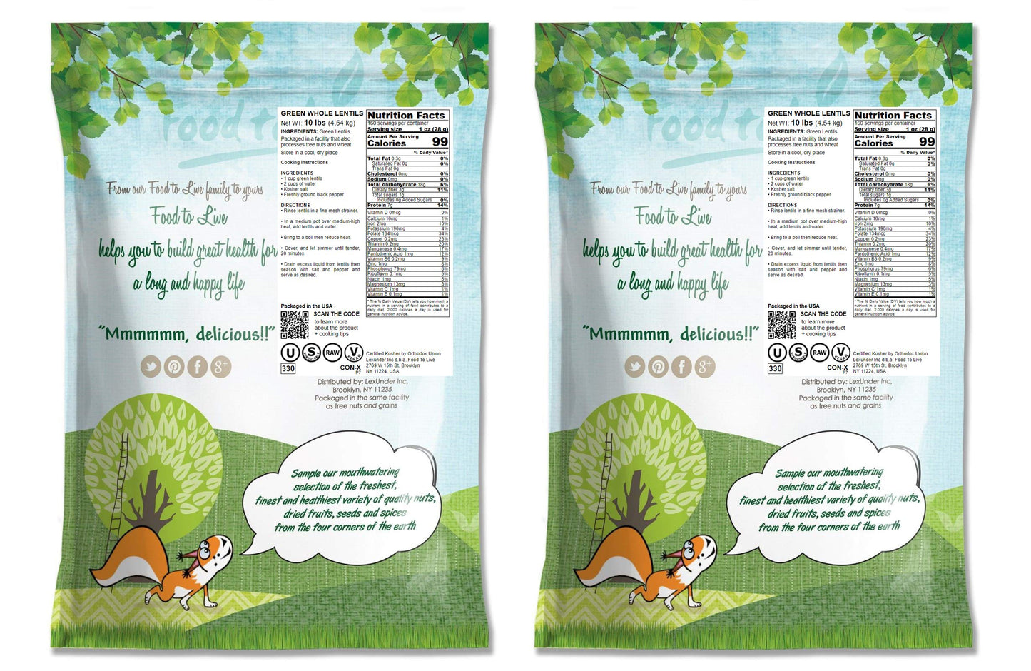 Food To Live - Whole Green Lentils, 20 Pounds Dried Raw Lentils, Sproutable, Kosher, Vegan. Rich In Dietary Fiber, And Protein.