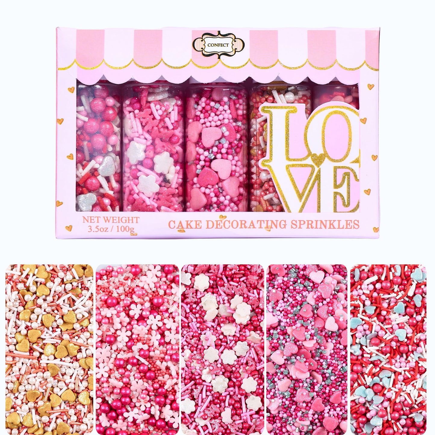 Pretty in Pink, Gold & White Pearl Sprinkles Mix - Edible Heart Sprinkles for Cakes, Cupcakes, Cookies - Spring, Birthday & Baki